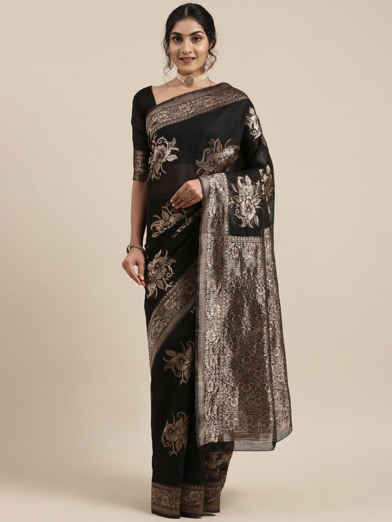 womens linen black woven design woven saree with unstitched blouse