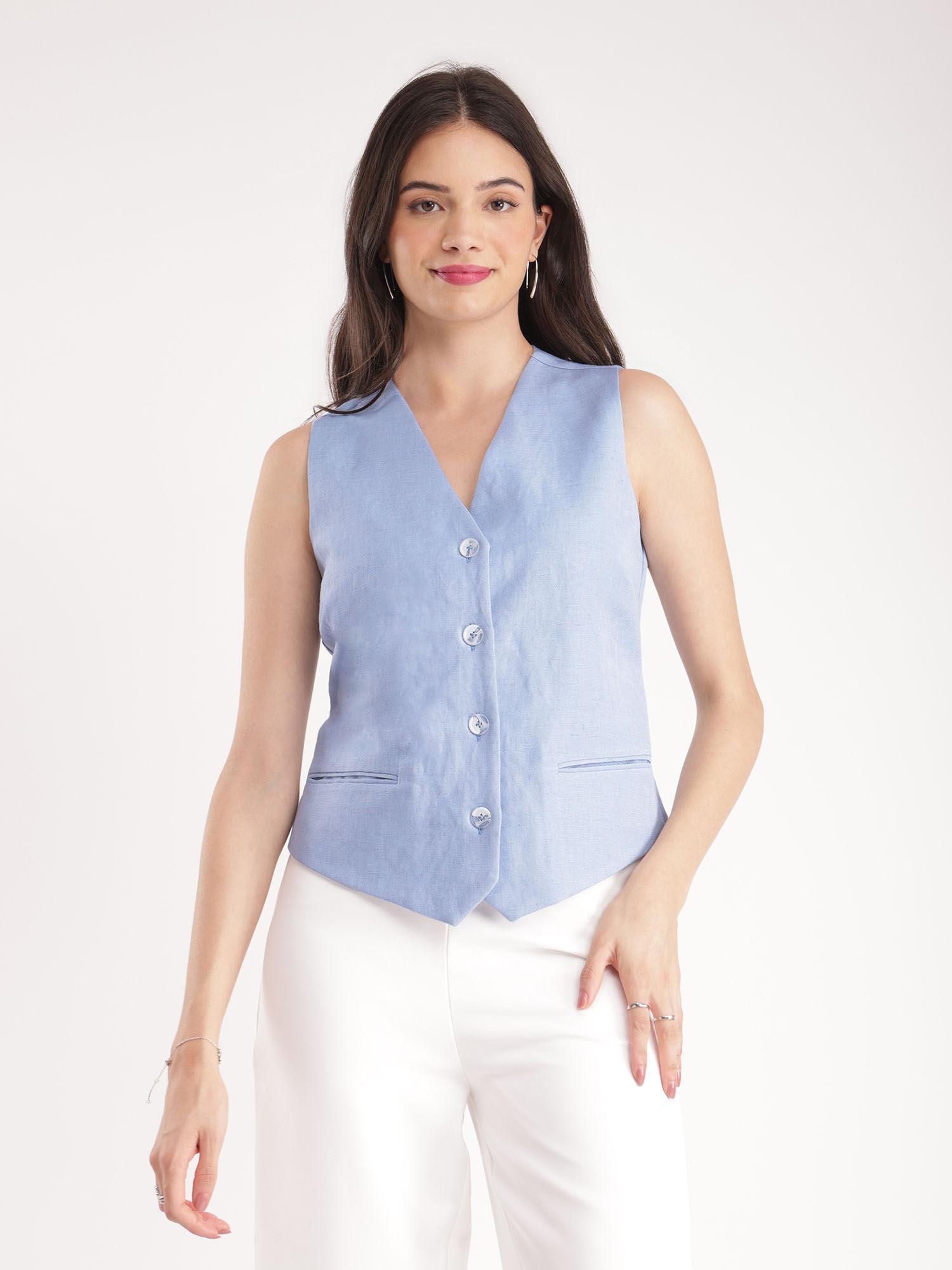 womens linen waistcoat light blue