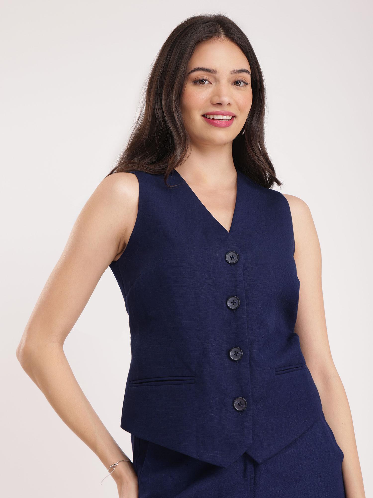 womens linen waistcoat navy blue