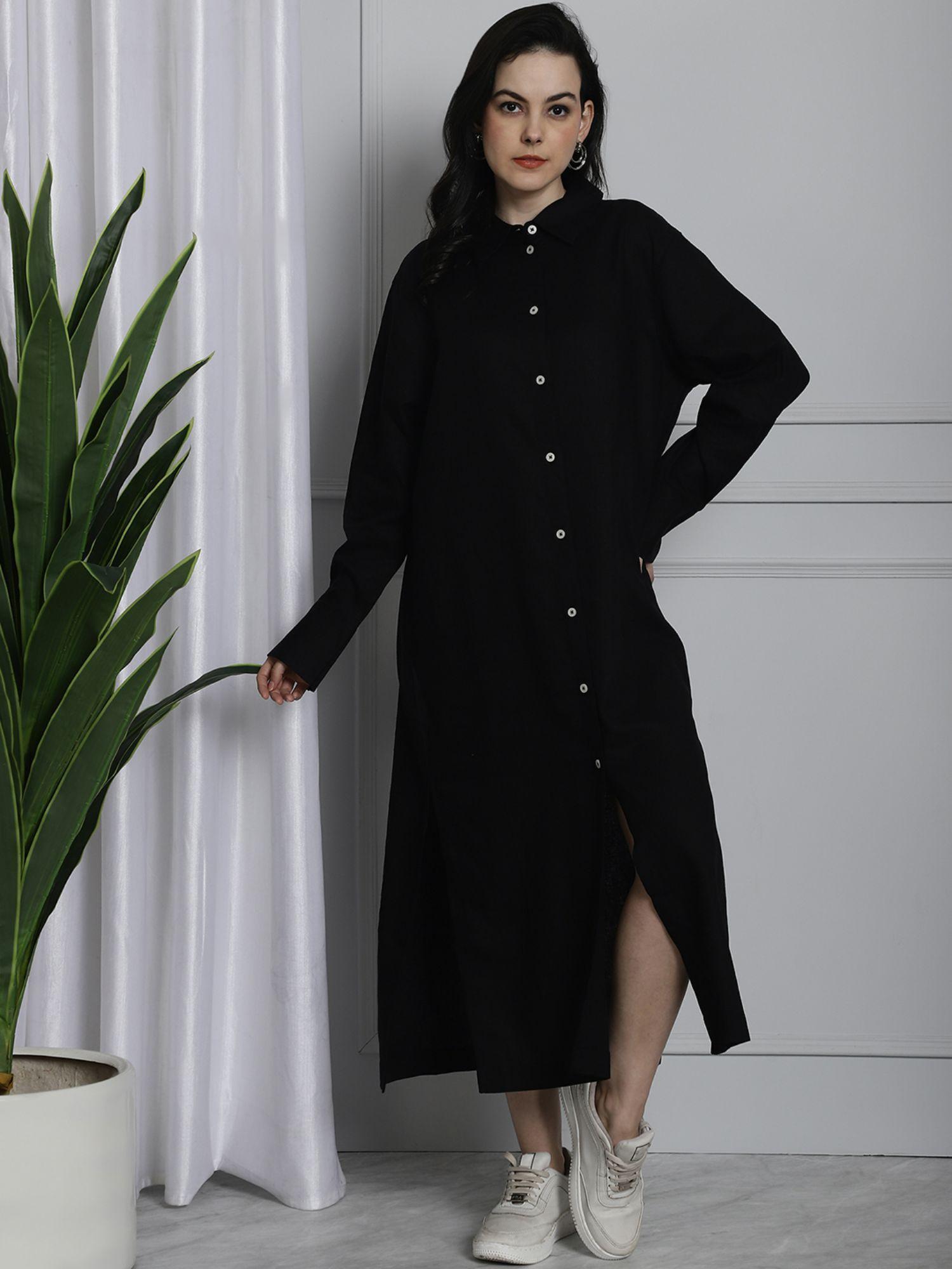 womens long cotton relax fit black shirt dress