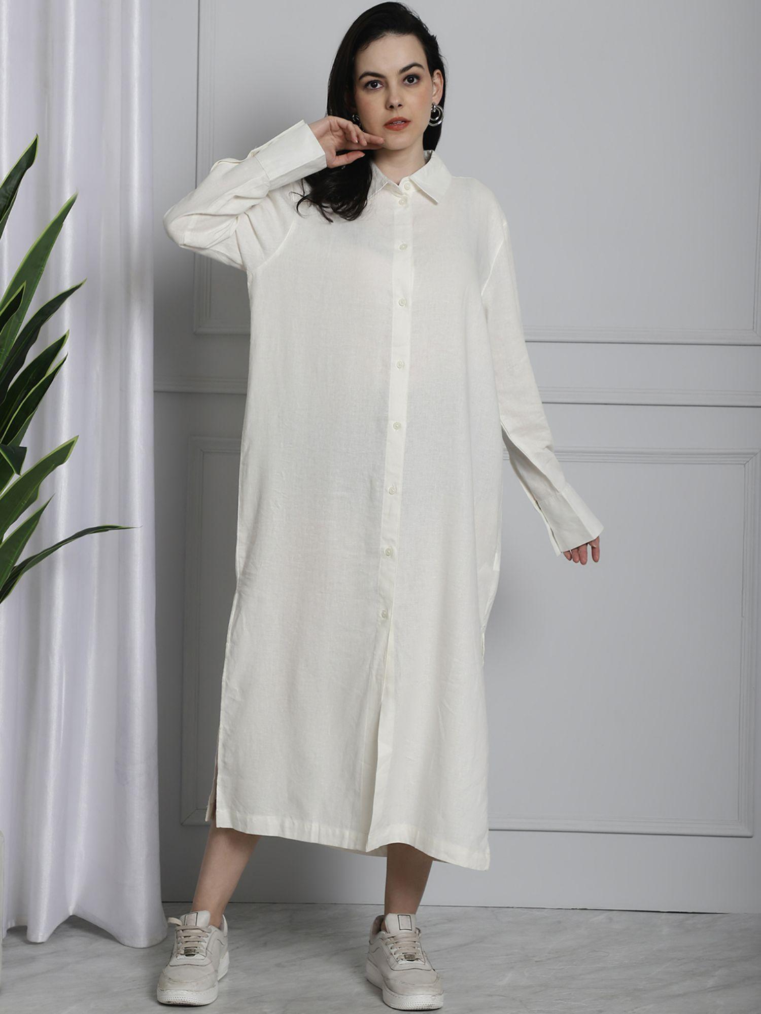 womens long cotton relax fit white shirt dress