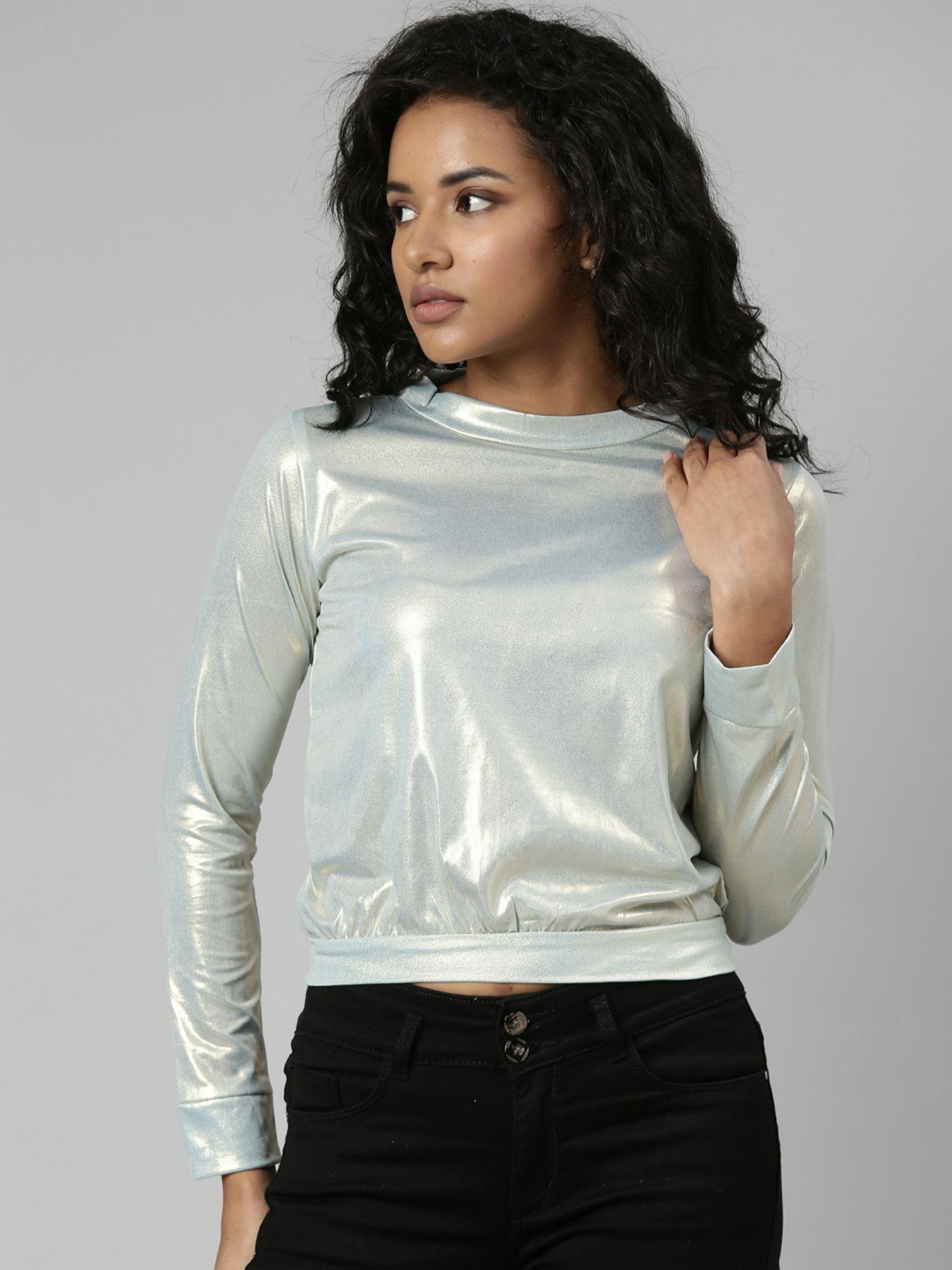 womens long sleeves high neck blouson metallic solid regular top