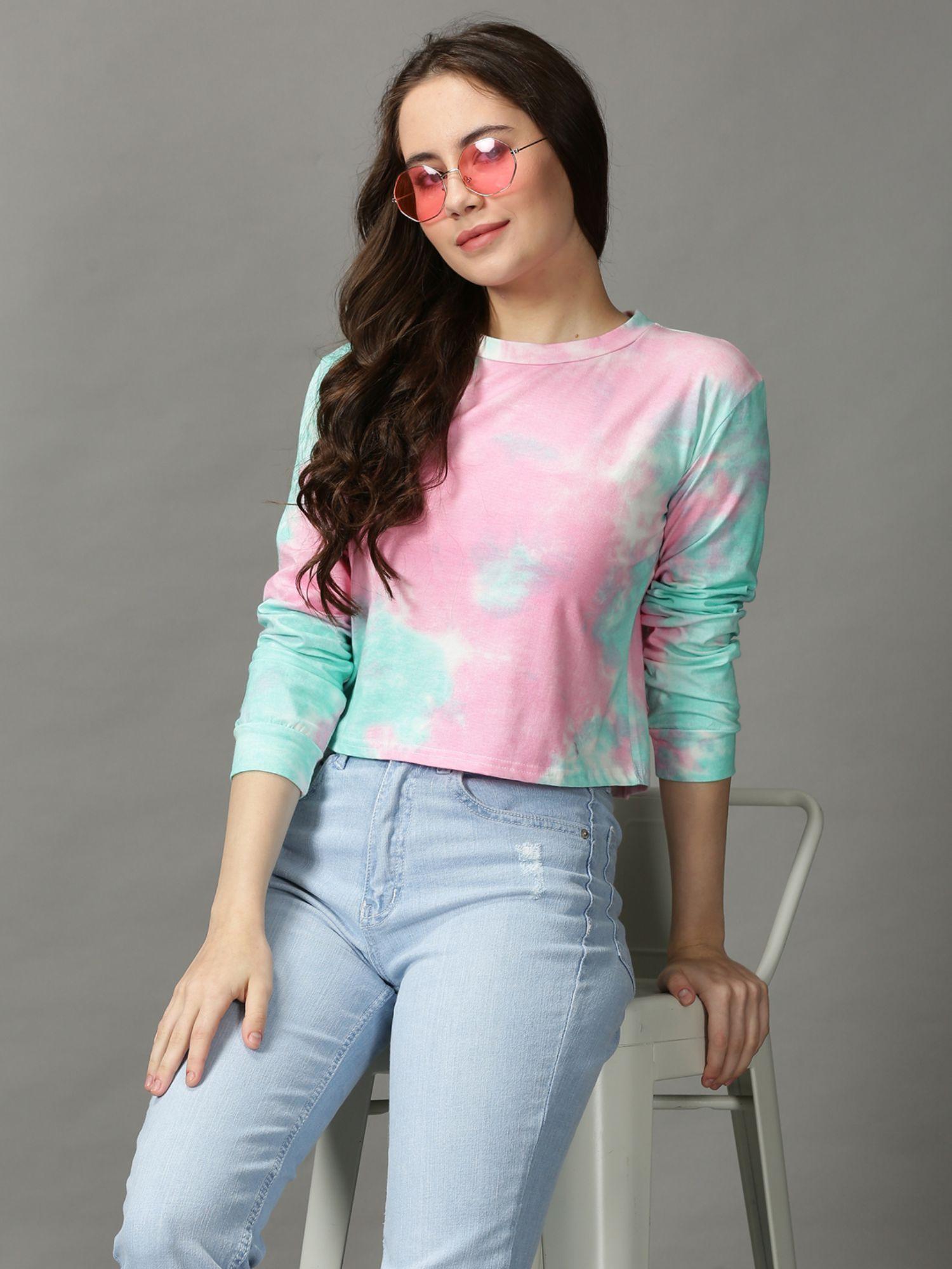 womens long sleeves round neck multi-color dyed top