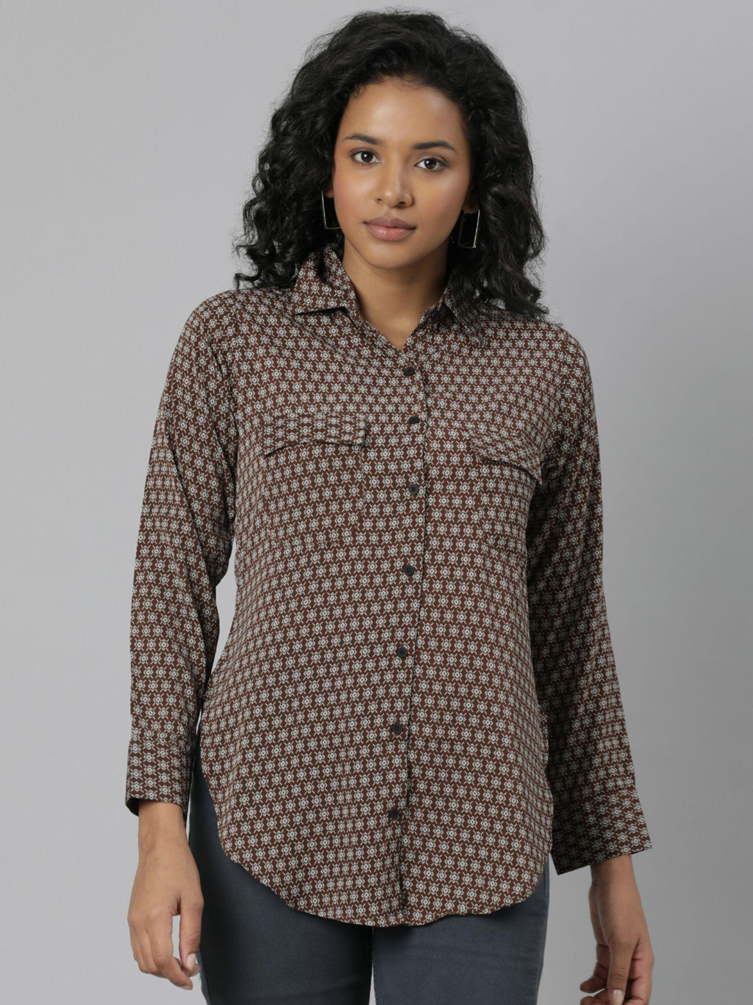 womens long sleeves spread collar micro ditsy brown regular shirts