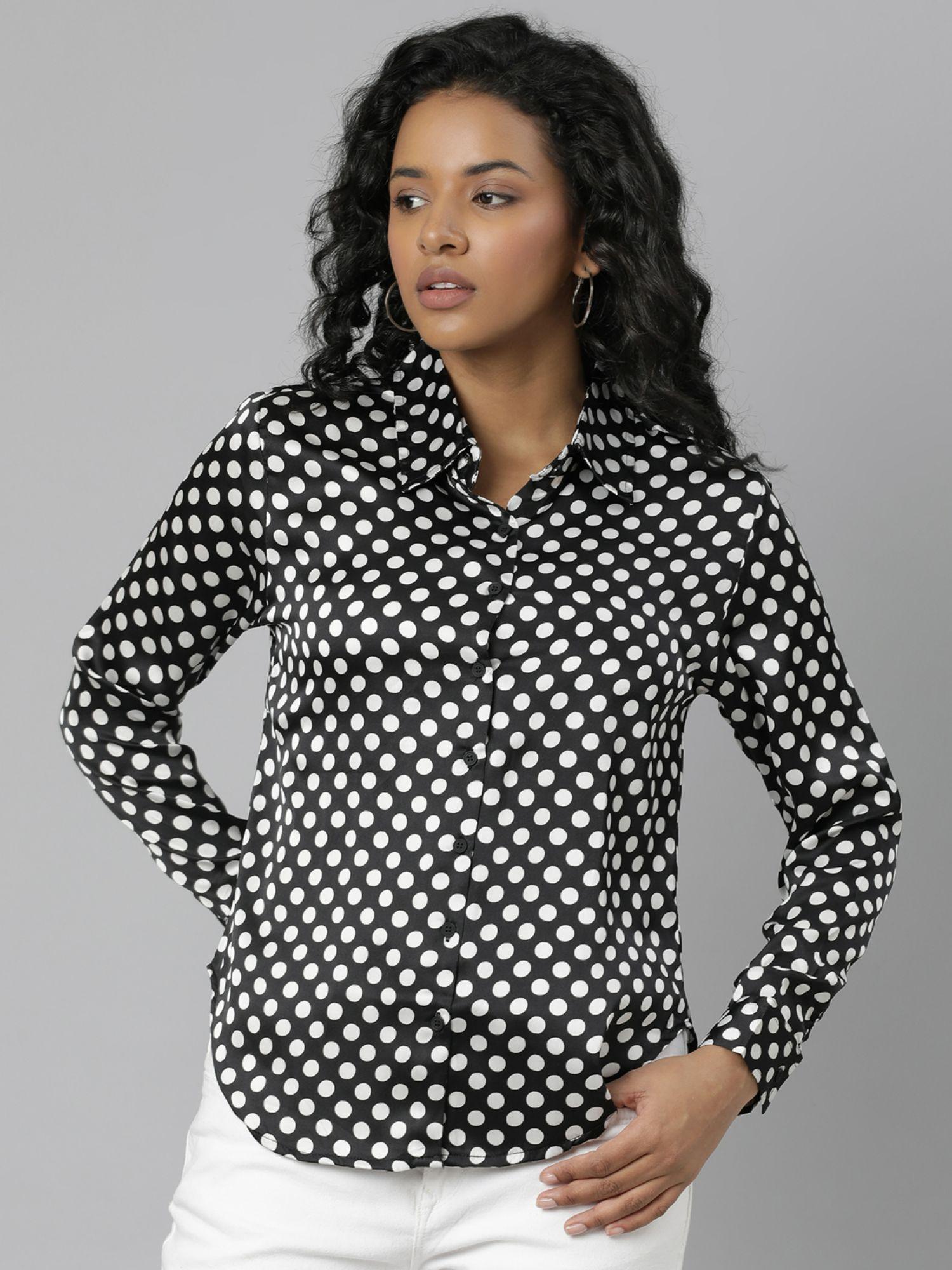 womens long sleeves spread collar polka dots black regular shirts