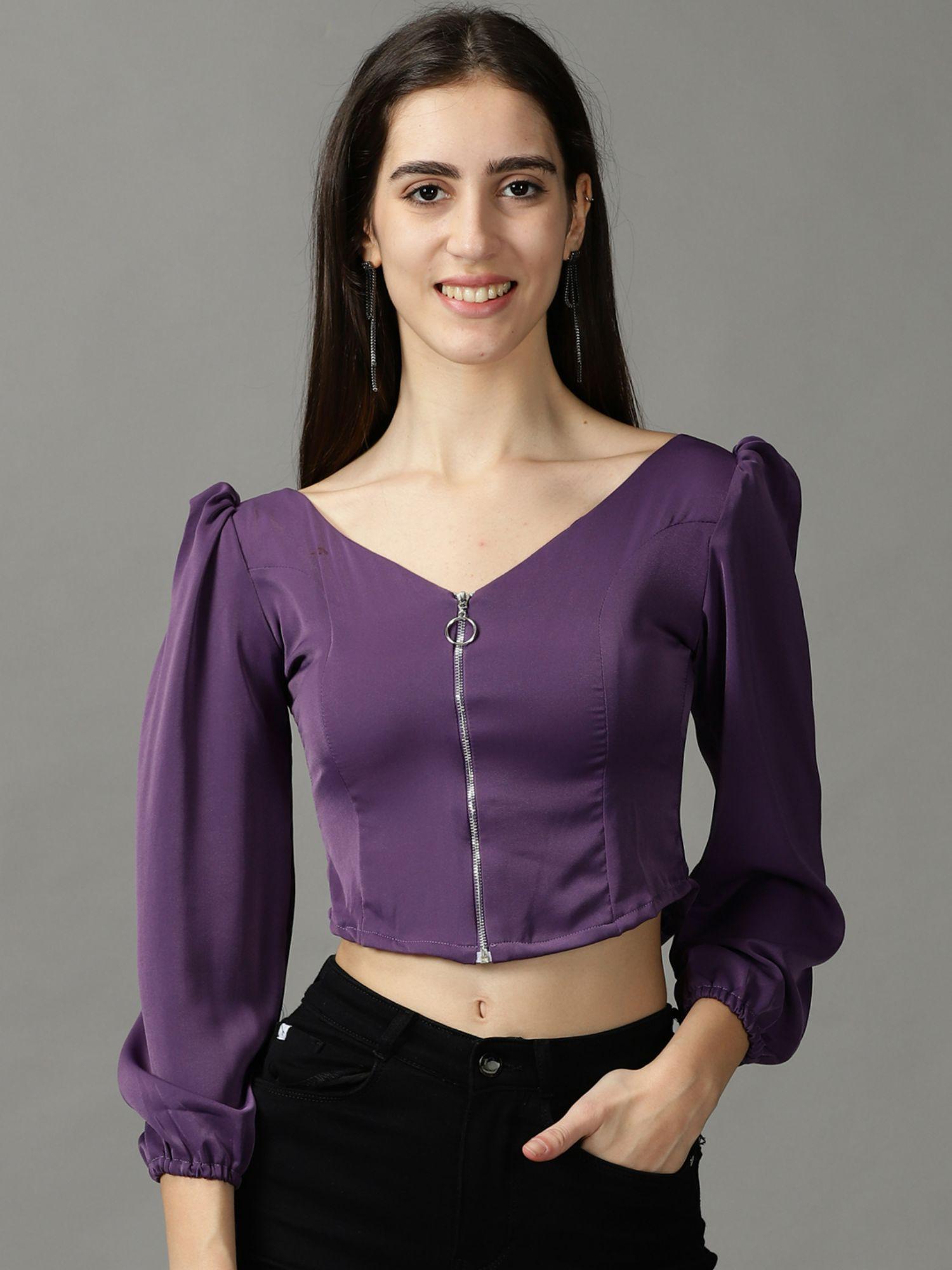 womens long sleeves v-neck violet solid top