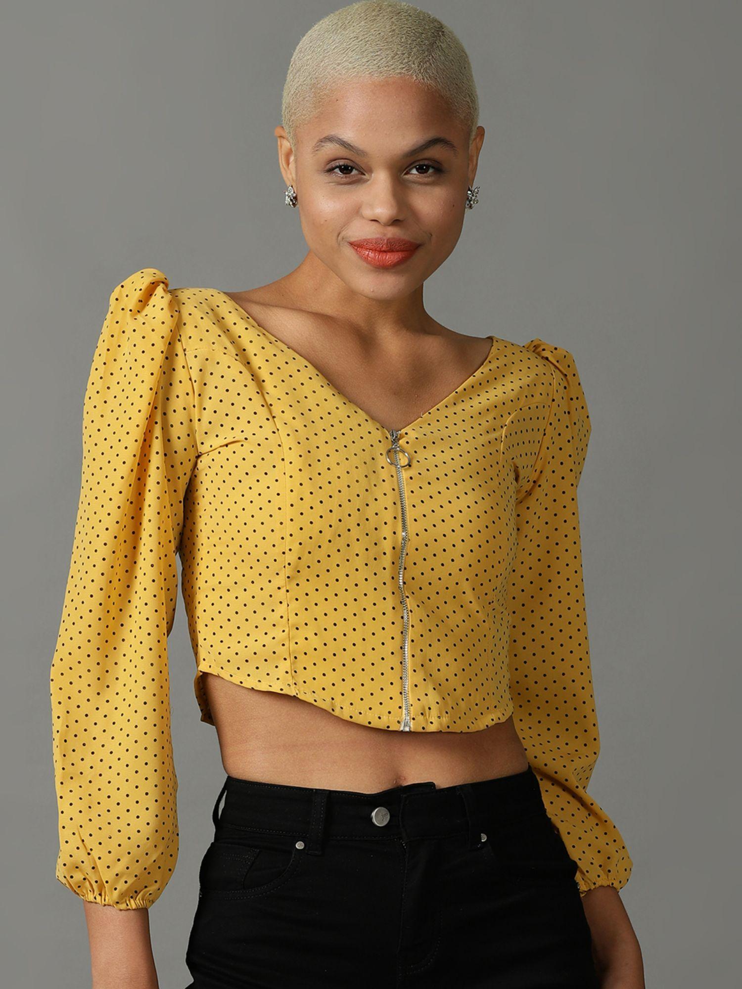 womens long sleeves v-neck yellow polka dot top