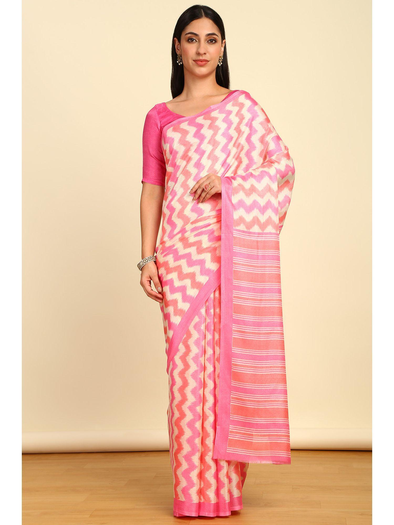 womens magenta art silk chevron print saree with unstitched blouse