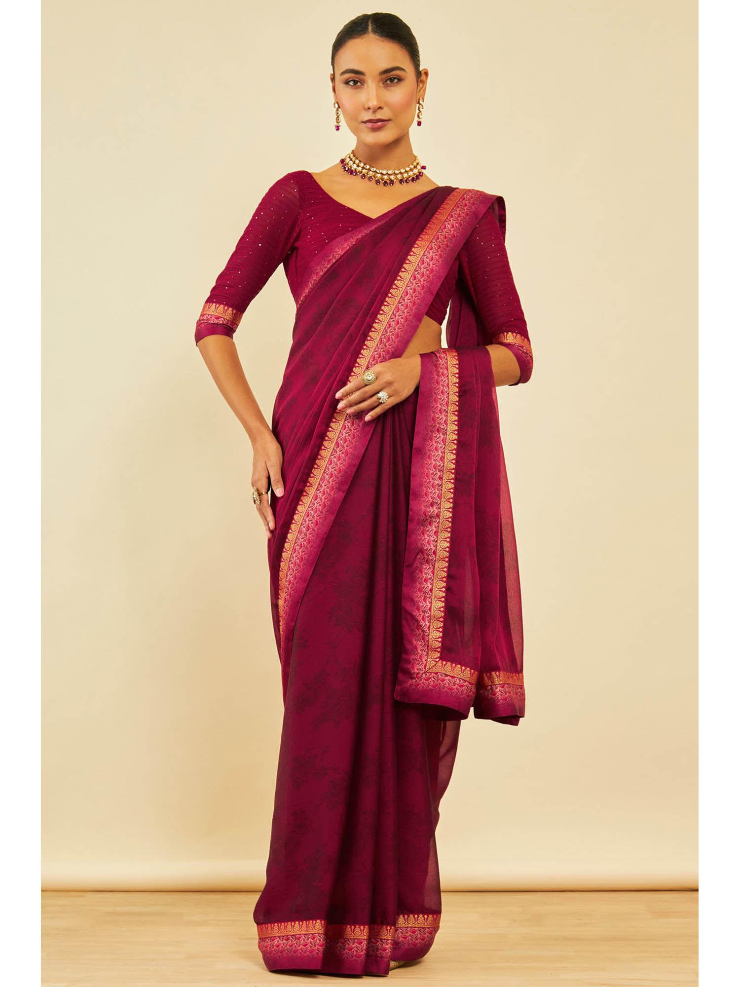 womens magenta georgette floral print saree with unstitched blouse