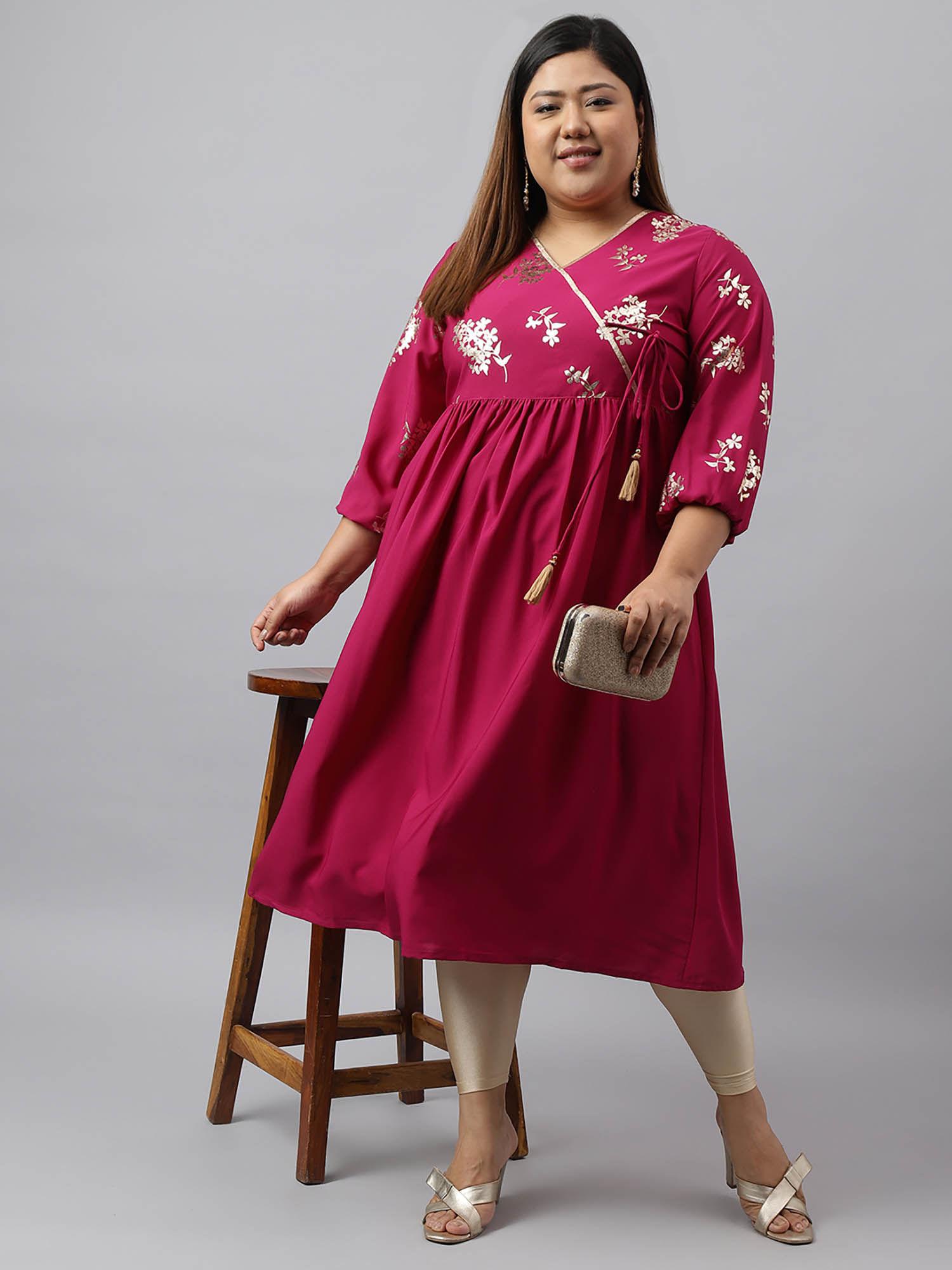 womens magenta poly crepe foil floral print angrakha kurta