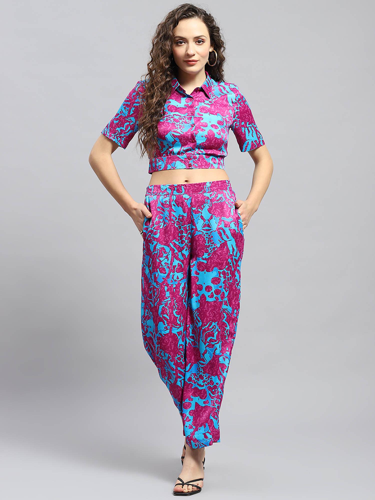 womens magenta printed collared half sleeve crop top with pant (set of 2)