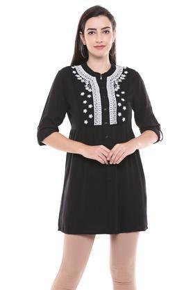 womens mandarin collar embroidered tunic - black