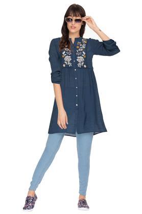 womens mandarin collar floral embroidered shirt - navy