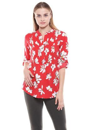 womens mandarin collar floral printed pintuck tunic - red