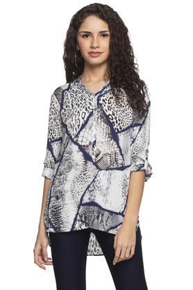 womens mandarin collar printed tunic - natural