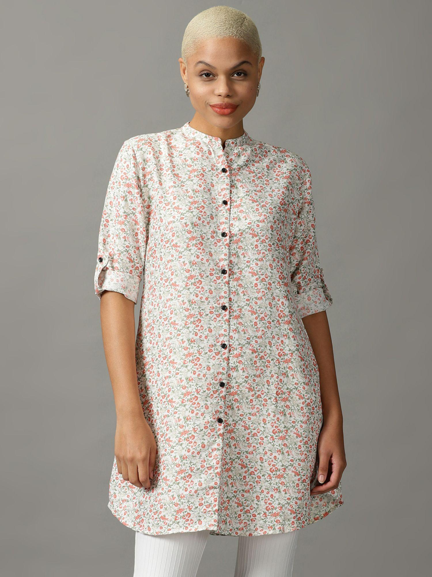 womens mandarin collar printed white shirt