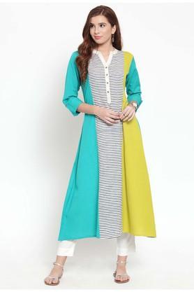 womens mandarin neck striped kurta and pant set - teal