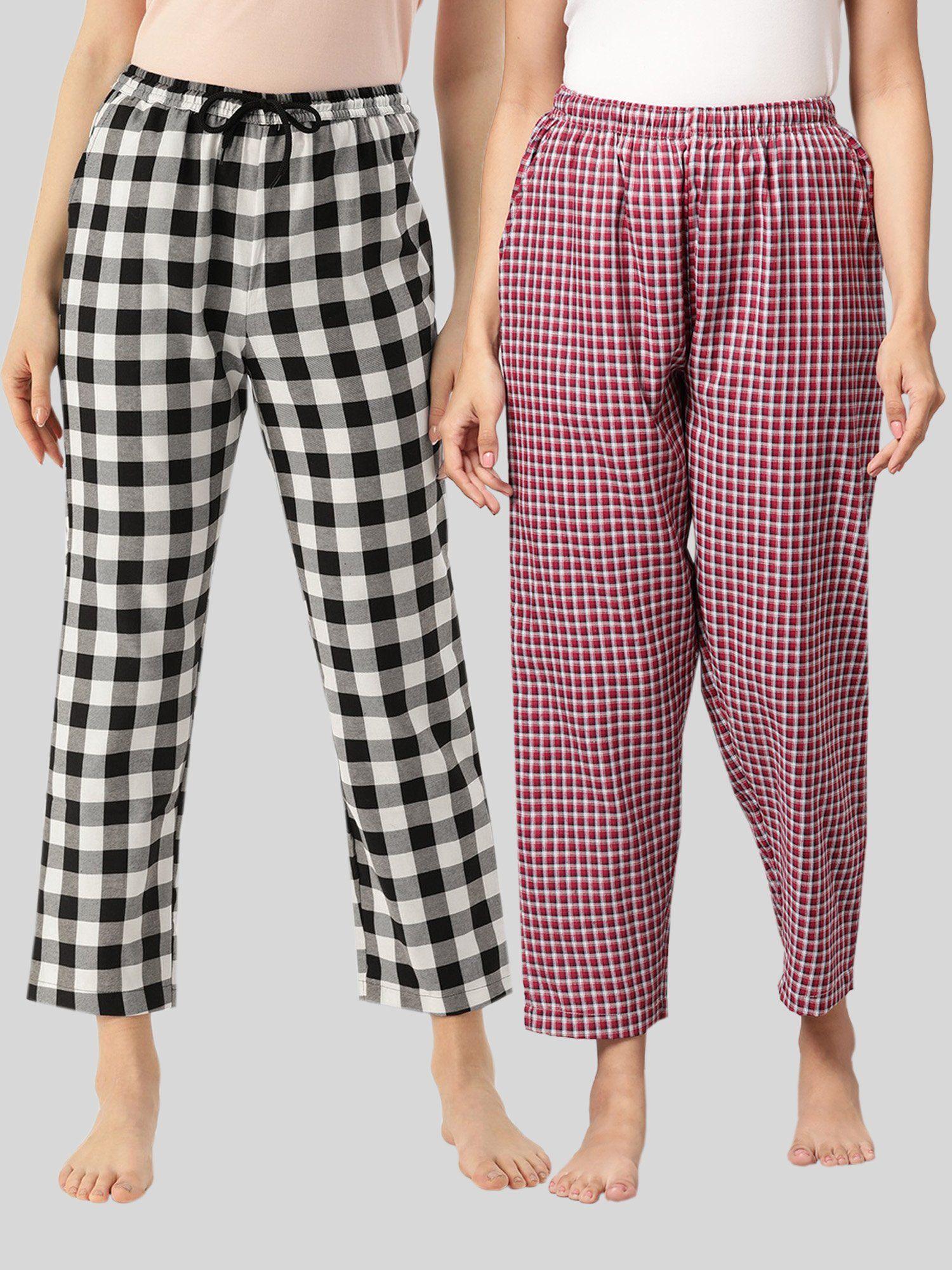 womens maroon & black cotton check lounge pajamas (pack of 2)