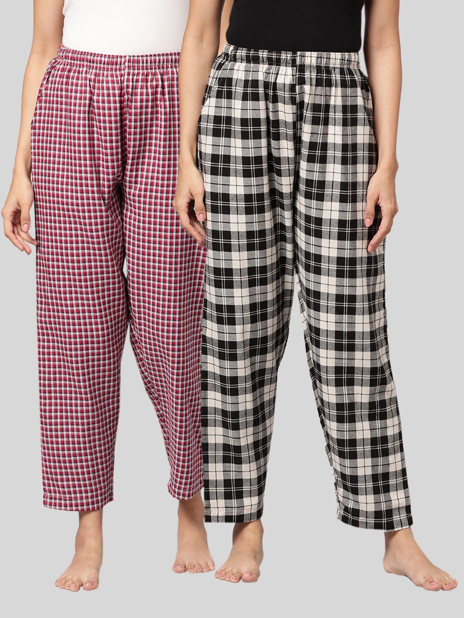 womens maroon & black cotton check lounge pajamas (pack of 2)