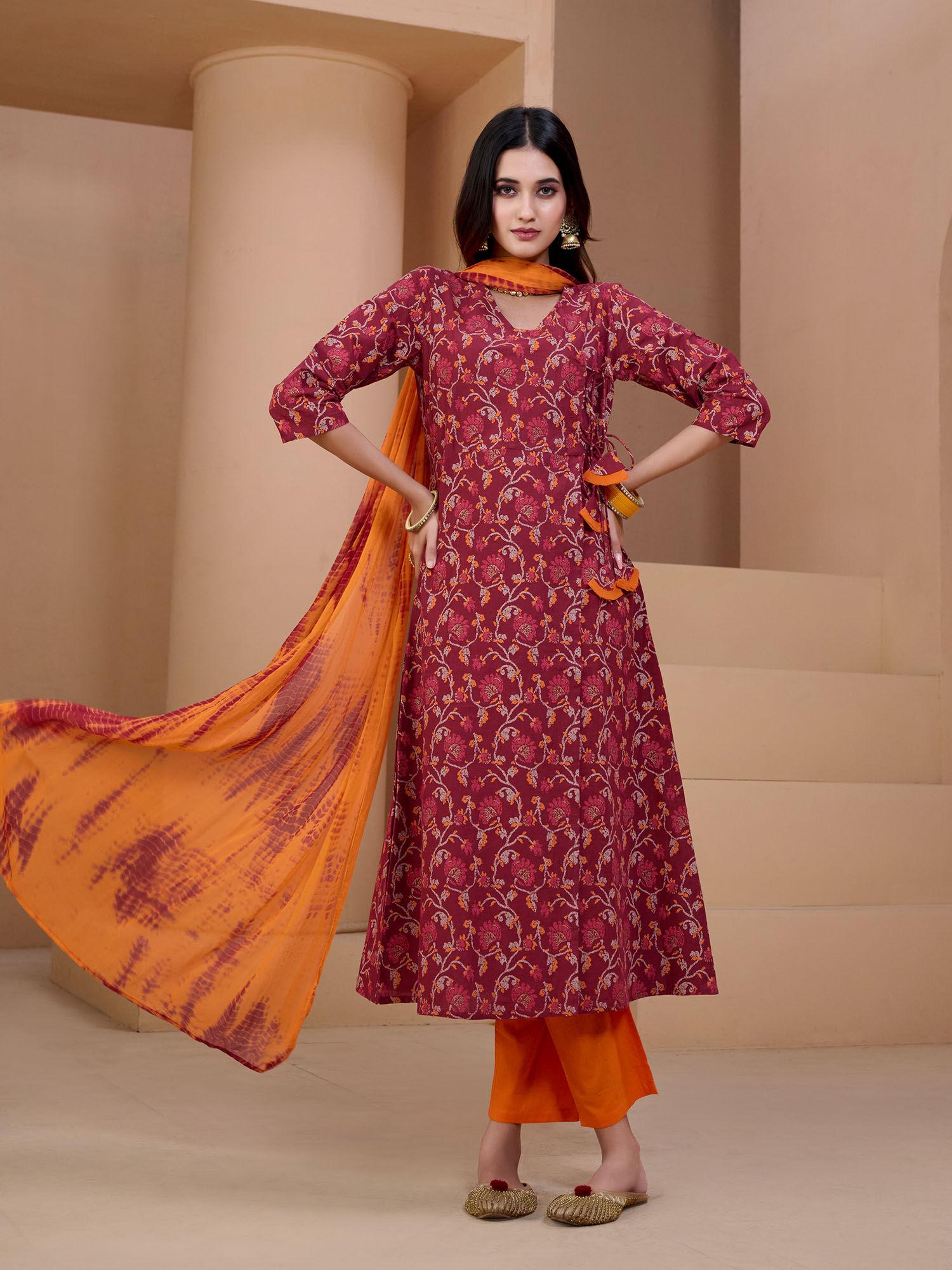 womens maroon & orange printed a-line kurta with trouser & dupatta (set of 3)