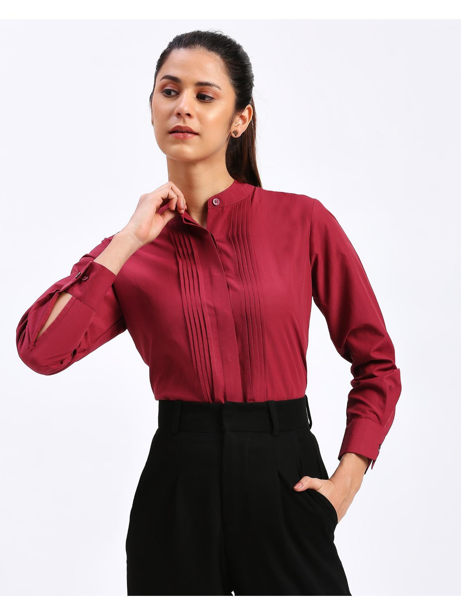 womens maroon chinese collar relaxed fit polycotton solid shirt