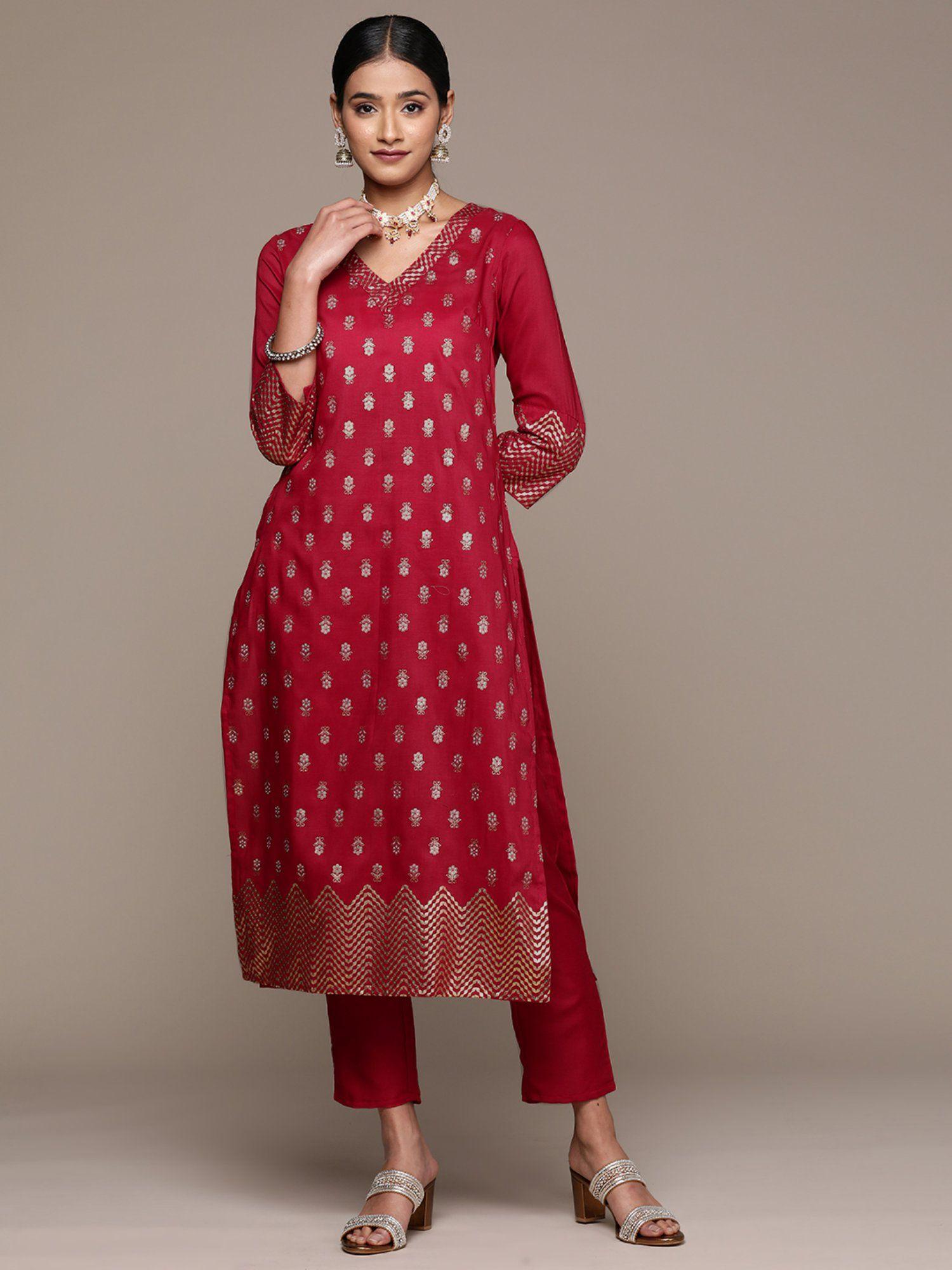 womens maroon chinon straight kurta and pant (set of 2)