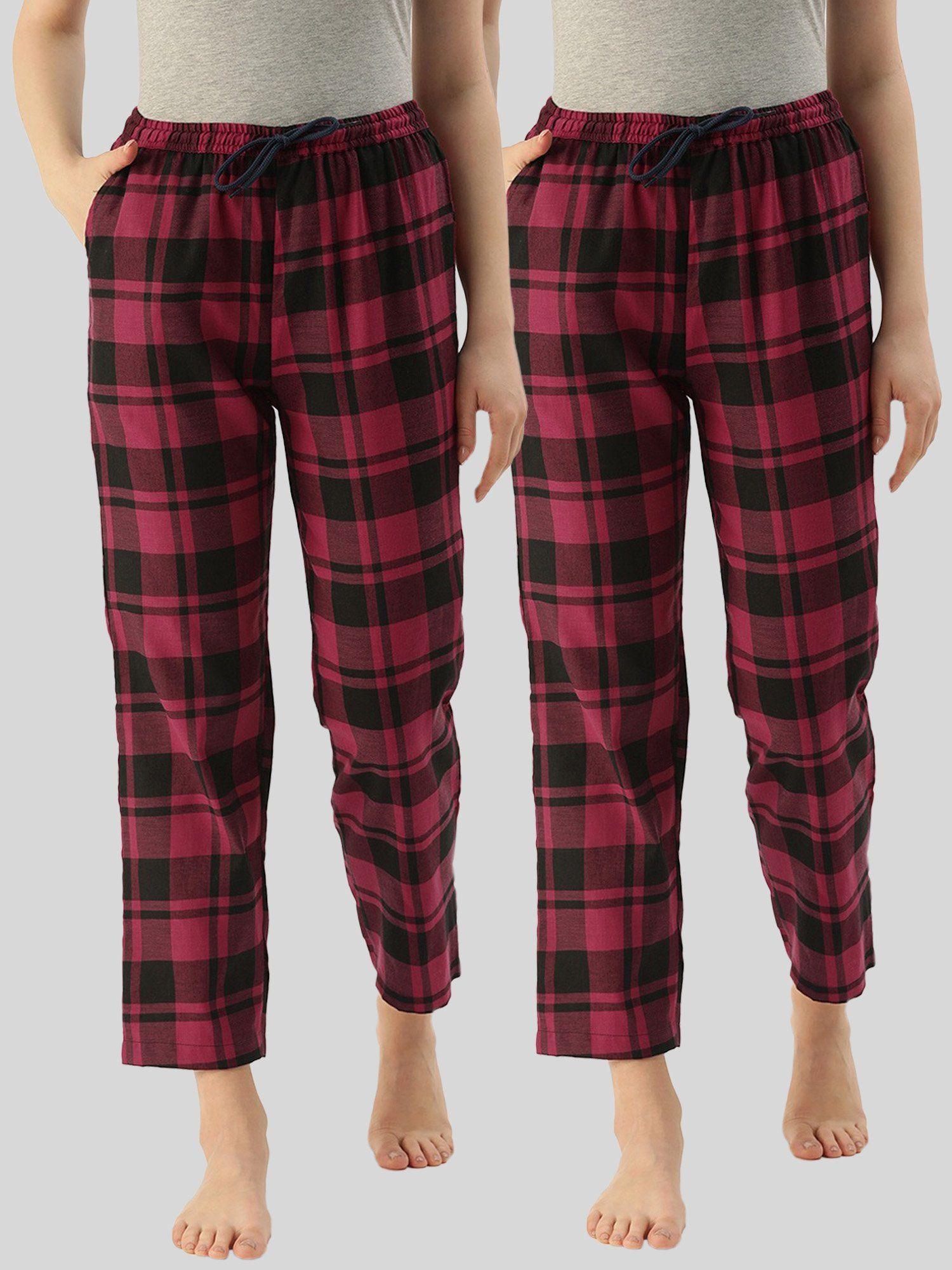 womens maroon cotton check lounge pajamas (pack of 2)