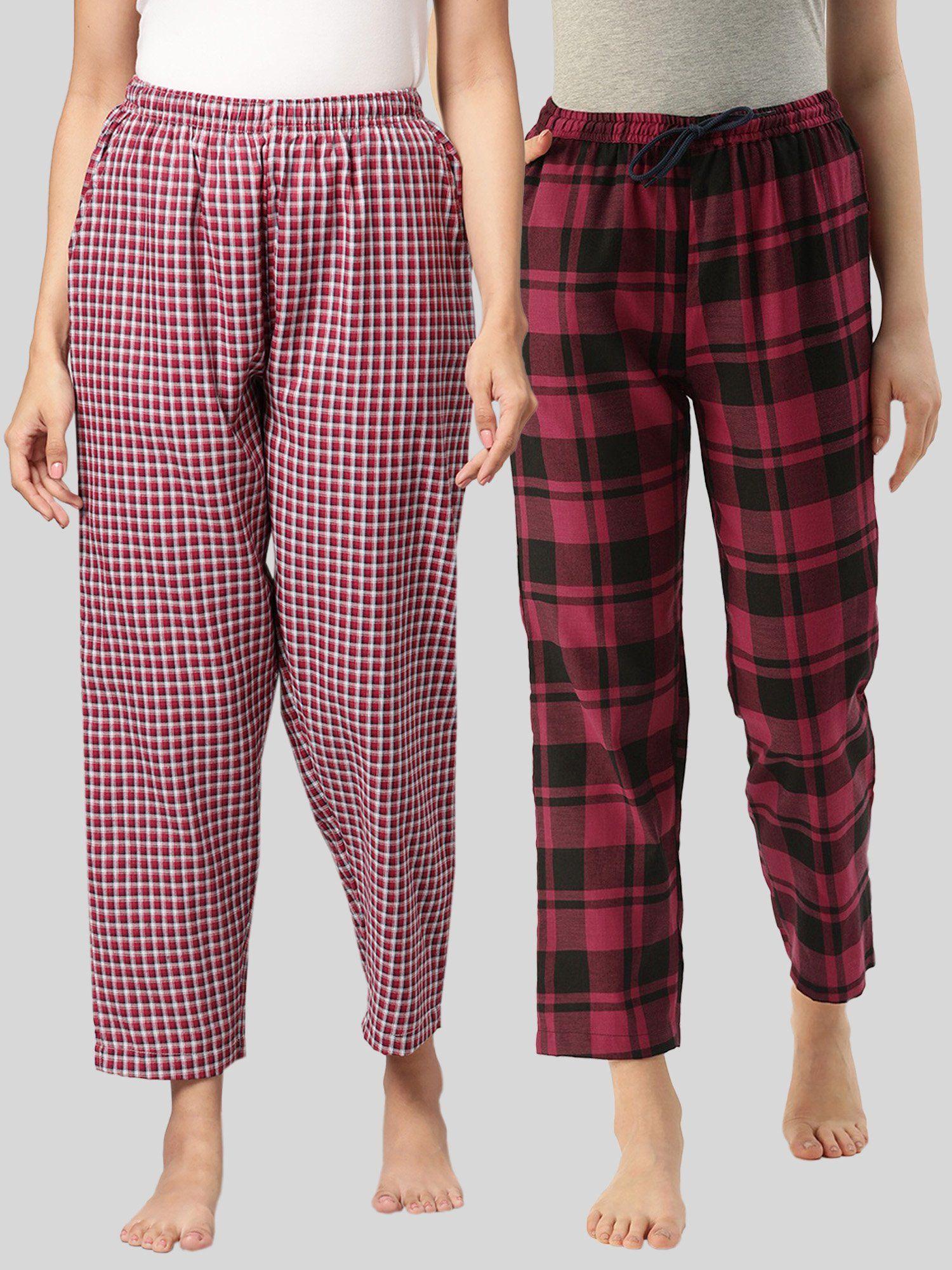 womens maroon cotton check lounge pajamas (pack of 2)