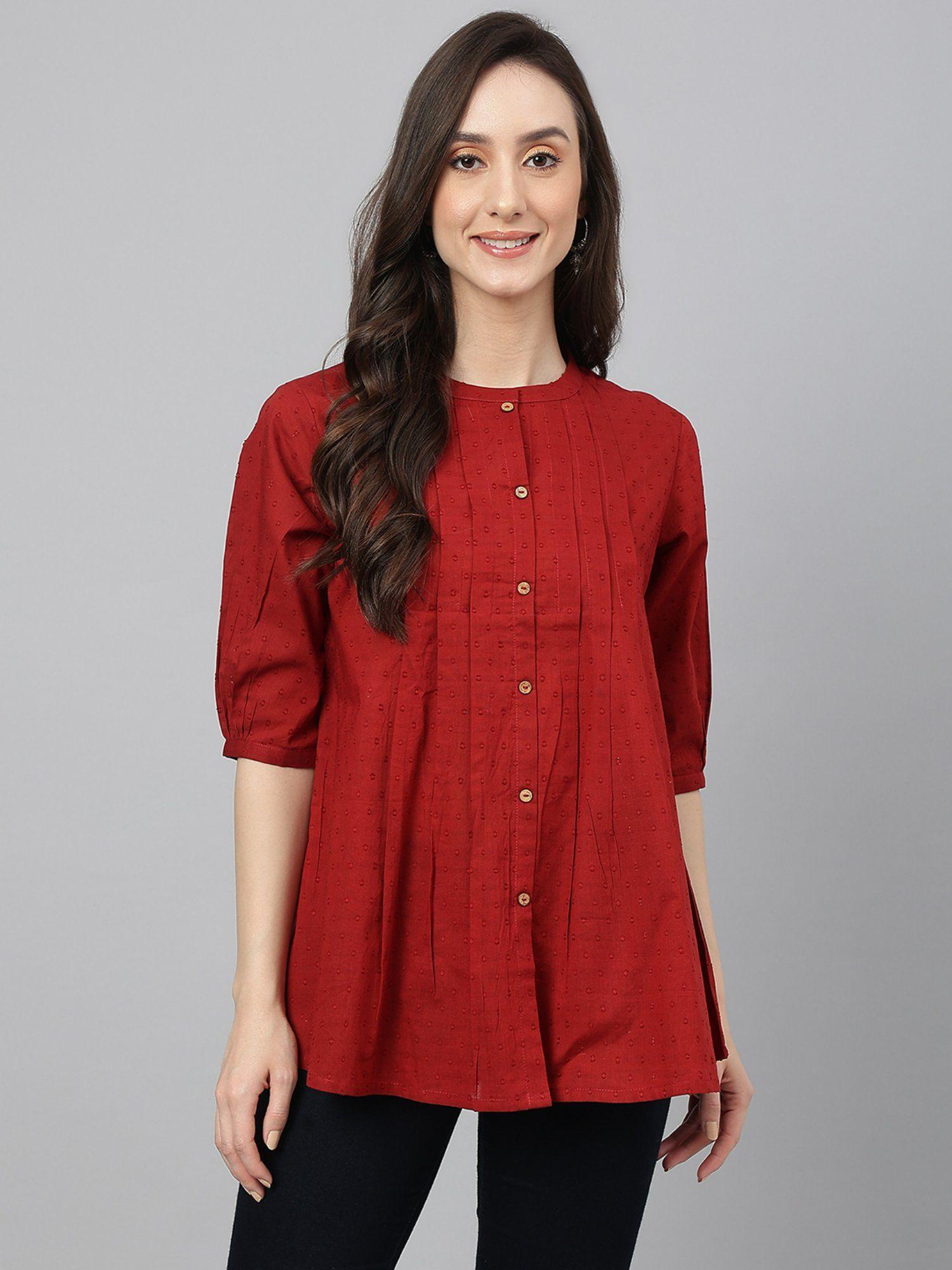 womens maroon cotton dobby solid flared top