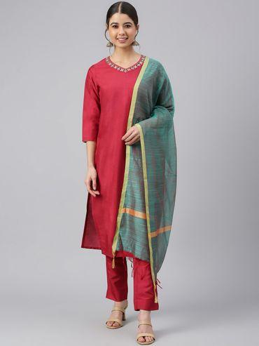 womens maroon crepe silk solid kurta with pant and dupatta (set of 3)