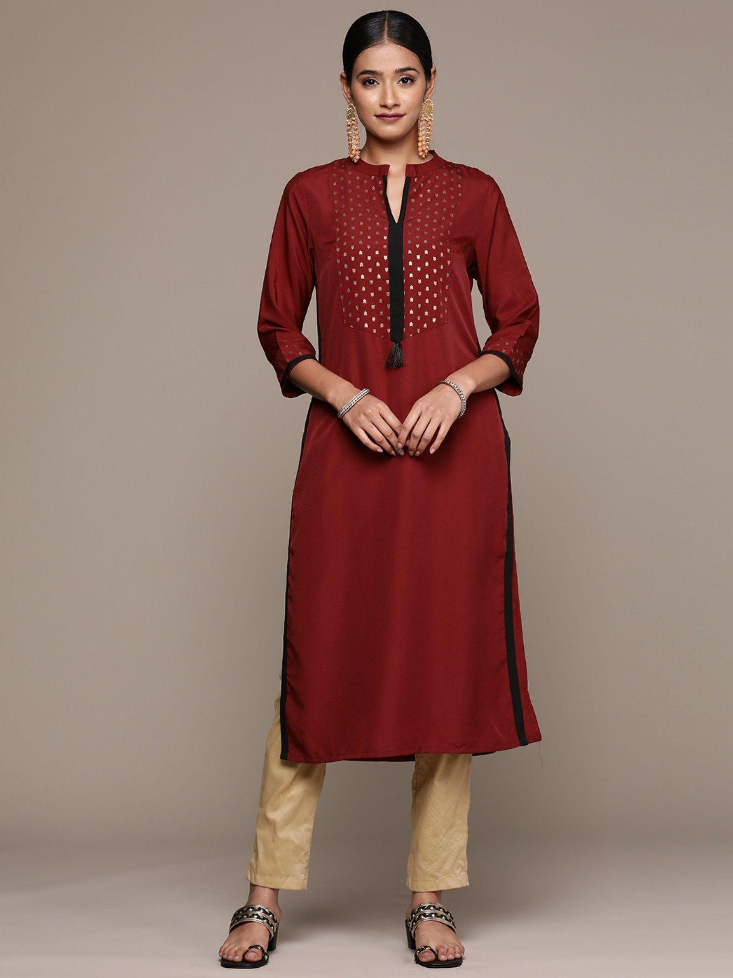 womens maroon crepe straight kurta