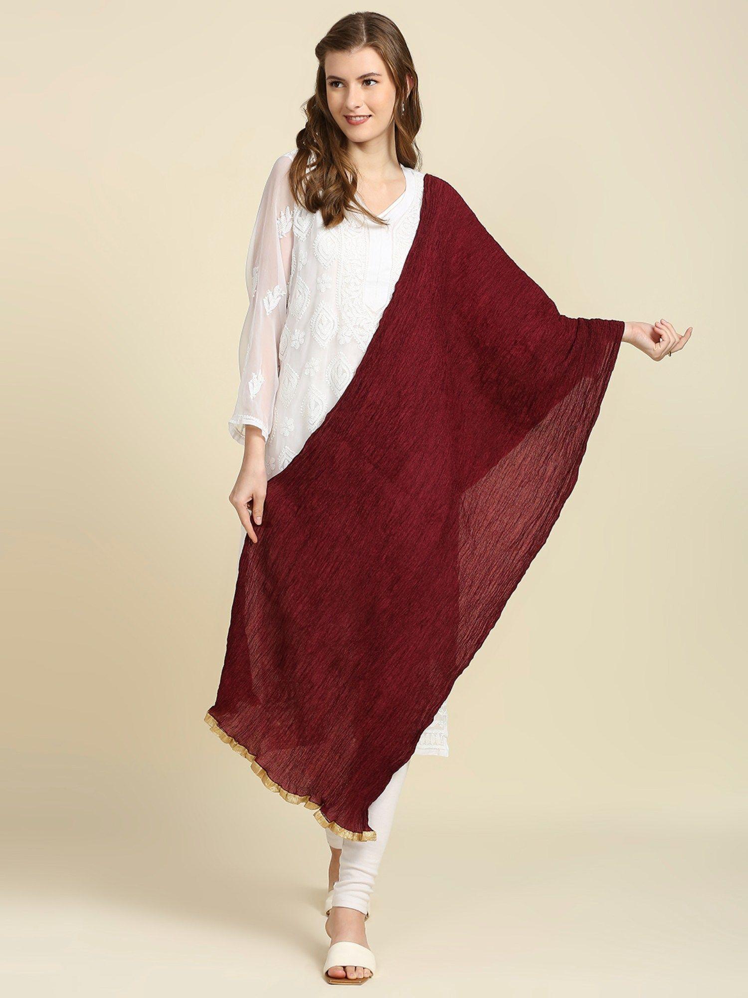 womens maroon crushed silk dupatta