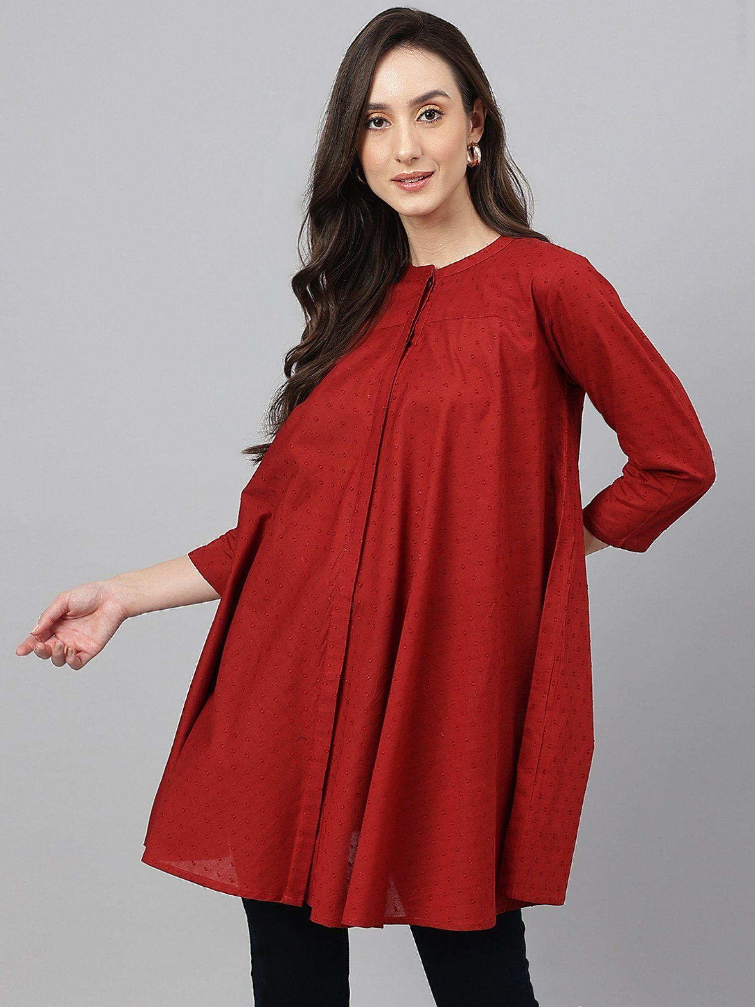 womens maroon dobby cotton solid a-line tunic