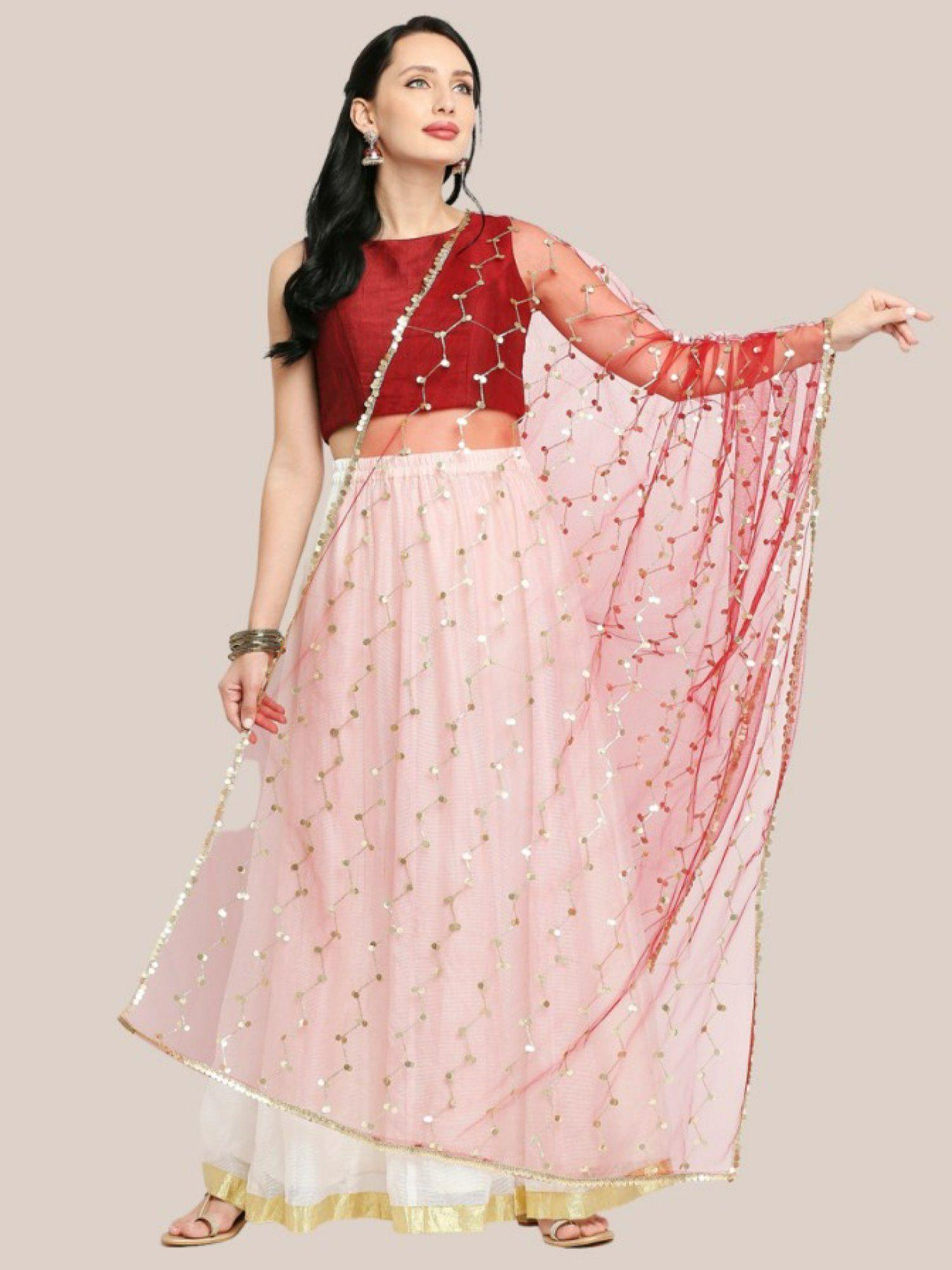womens maroon embellished net dupatta
