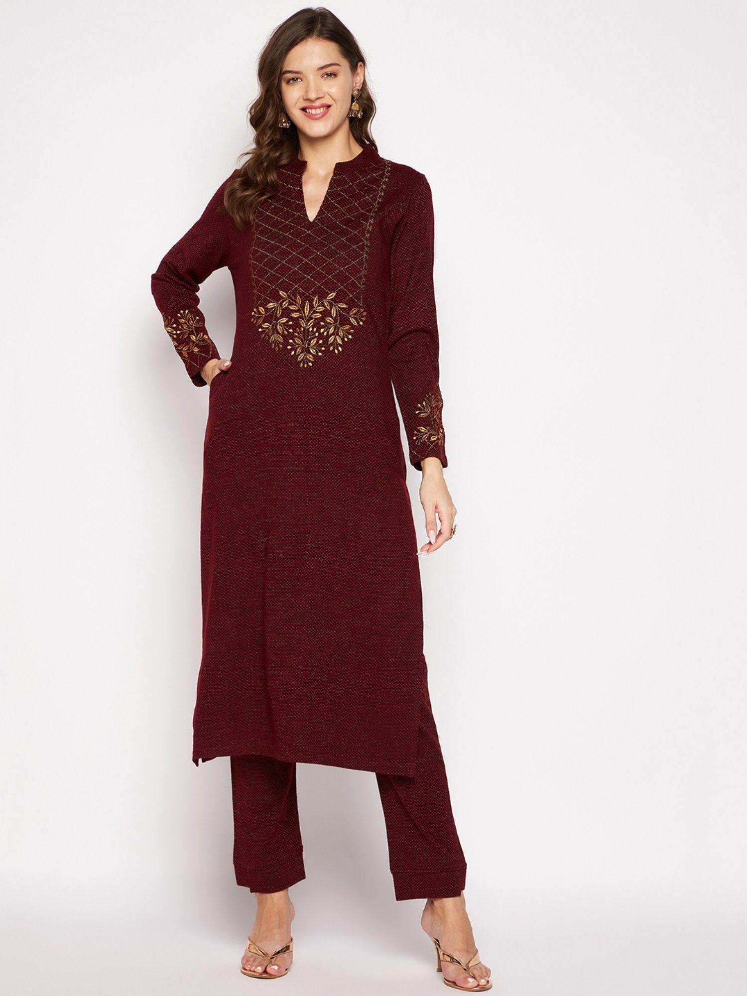 womens maroon embroidered full sleeve kurta pants (set of 2)