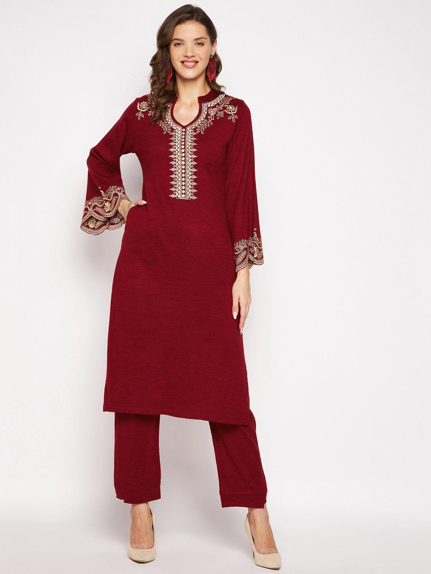 womens maroon embroidered full sleeve kurta pants (set of 2)
