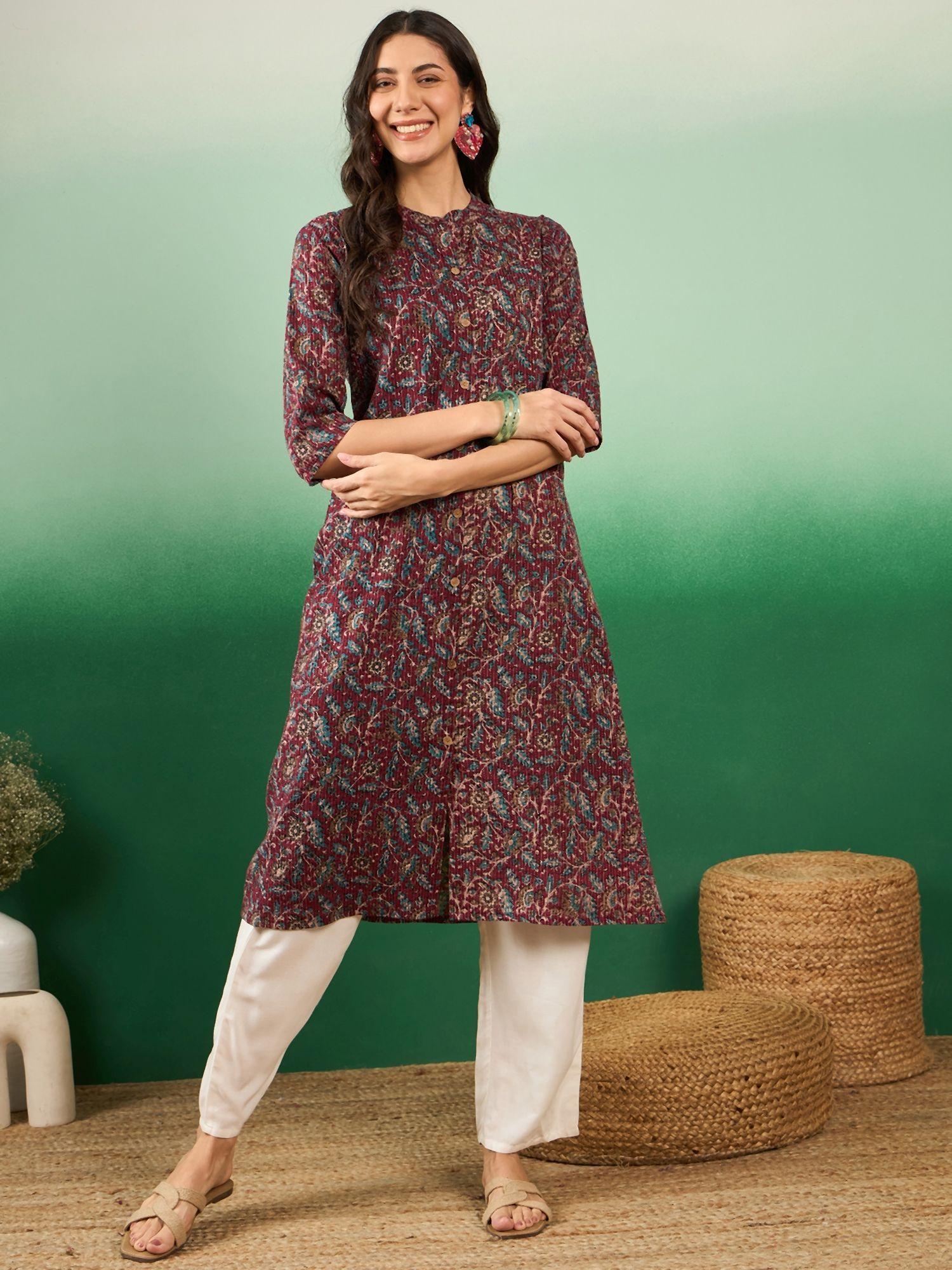 womens maroon floral printed a-line kurta