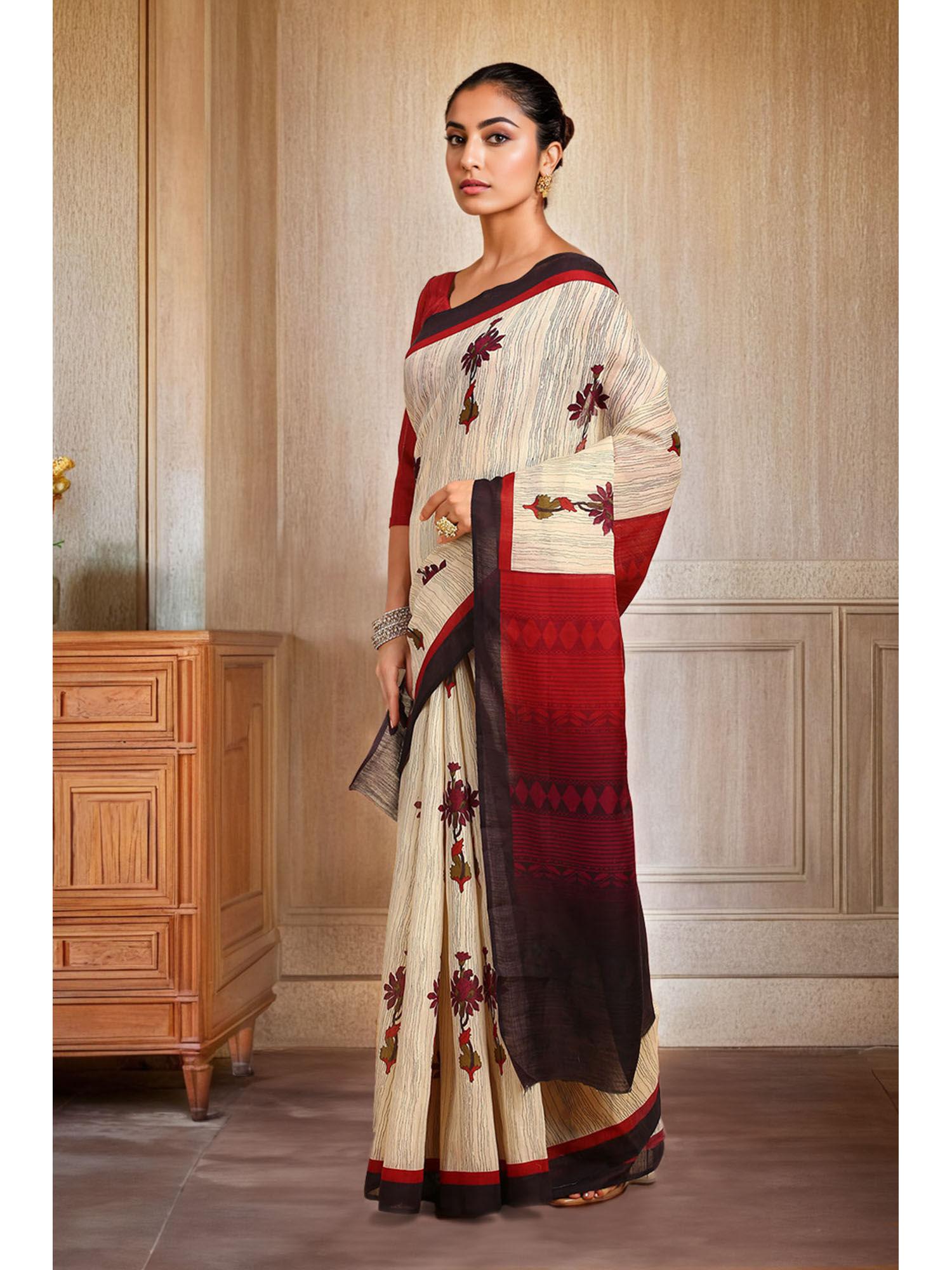 womens maroon floral printed linen saree with unstitched blouse