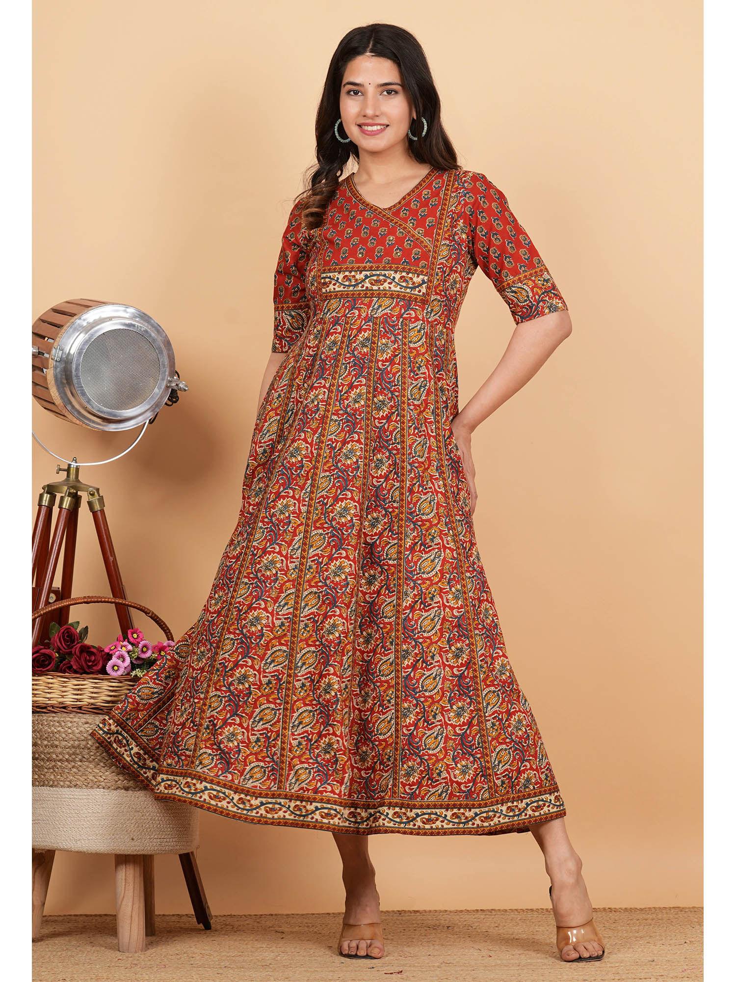 womens maroon kalamkari print cotton maxi dress