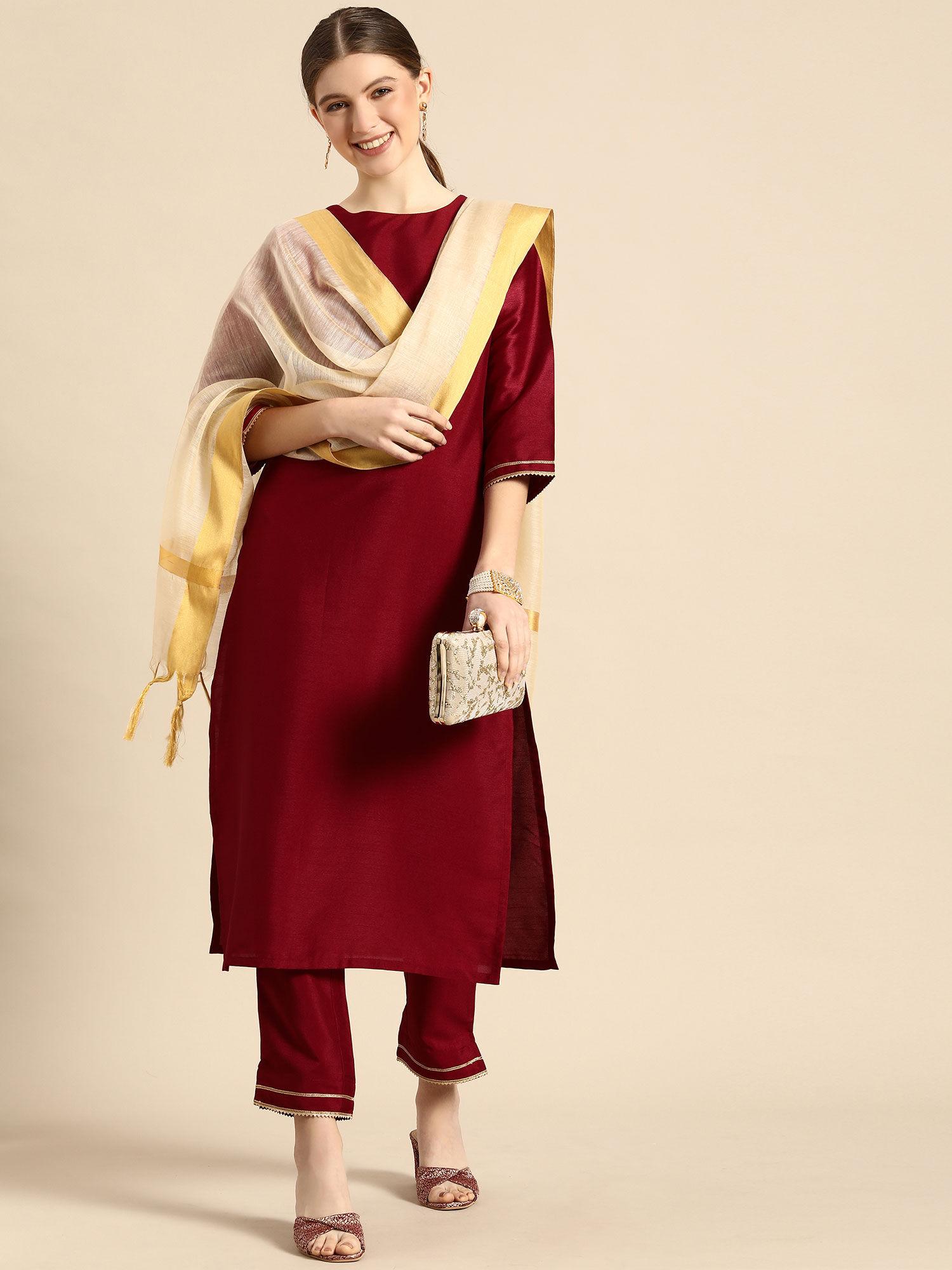 womens maroon poly silk kurta with pant and dupatta (set of 3)