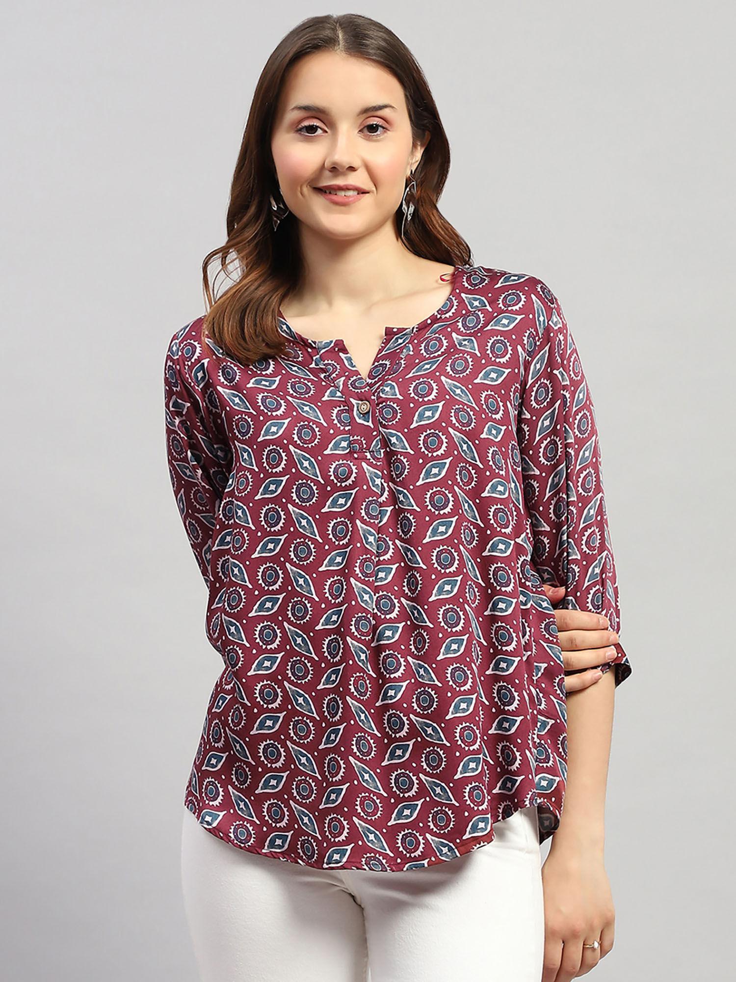 womens maroon printed 3/4th sleeve regular fit top