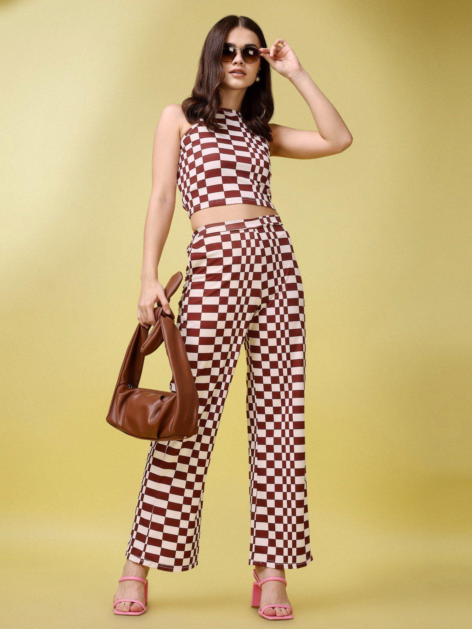 womens maroon printed crop top with wide leg pant (set of 2)