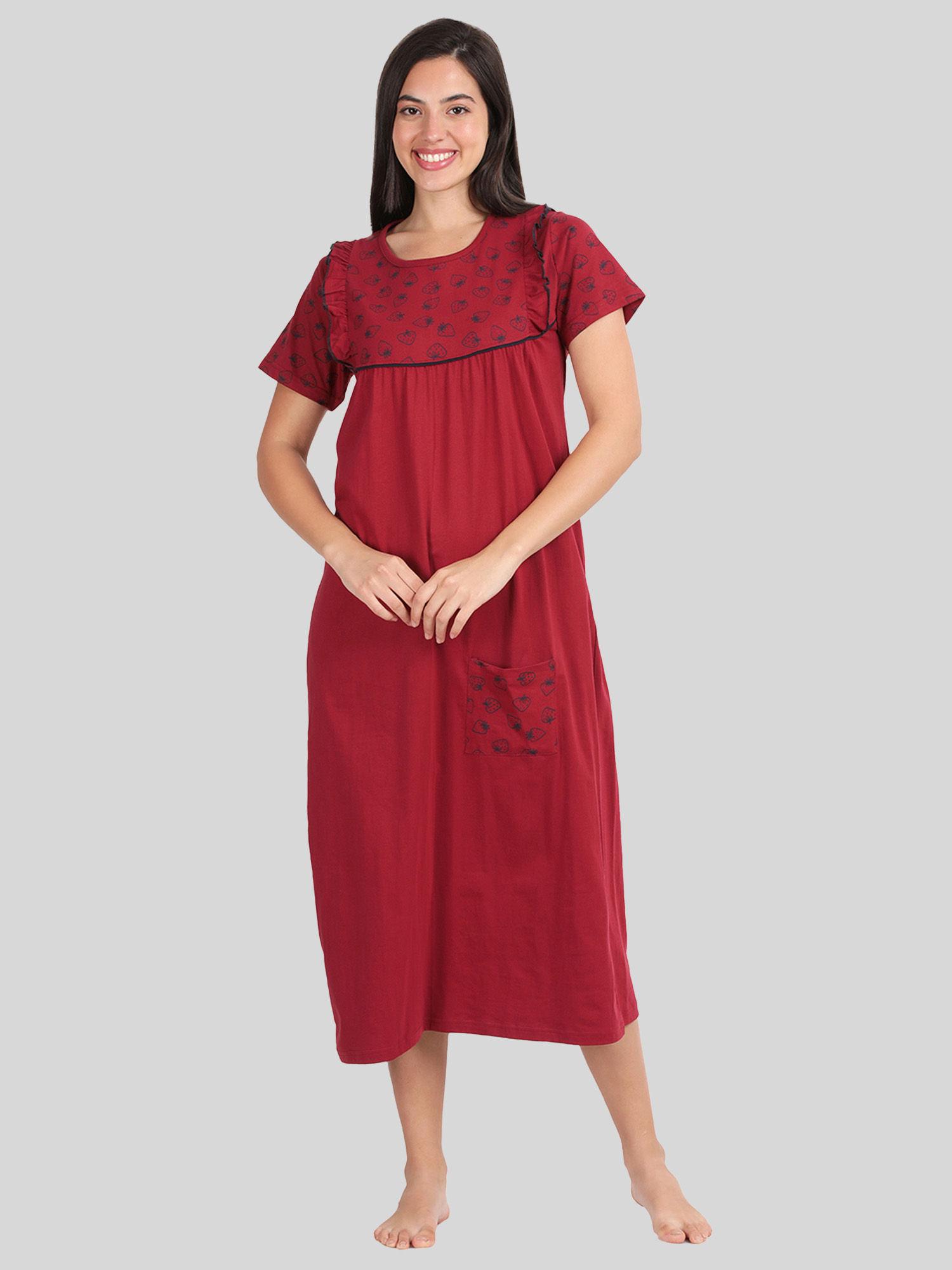 womens maroon printed frill at yoke pure cotton maxi nightdress