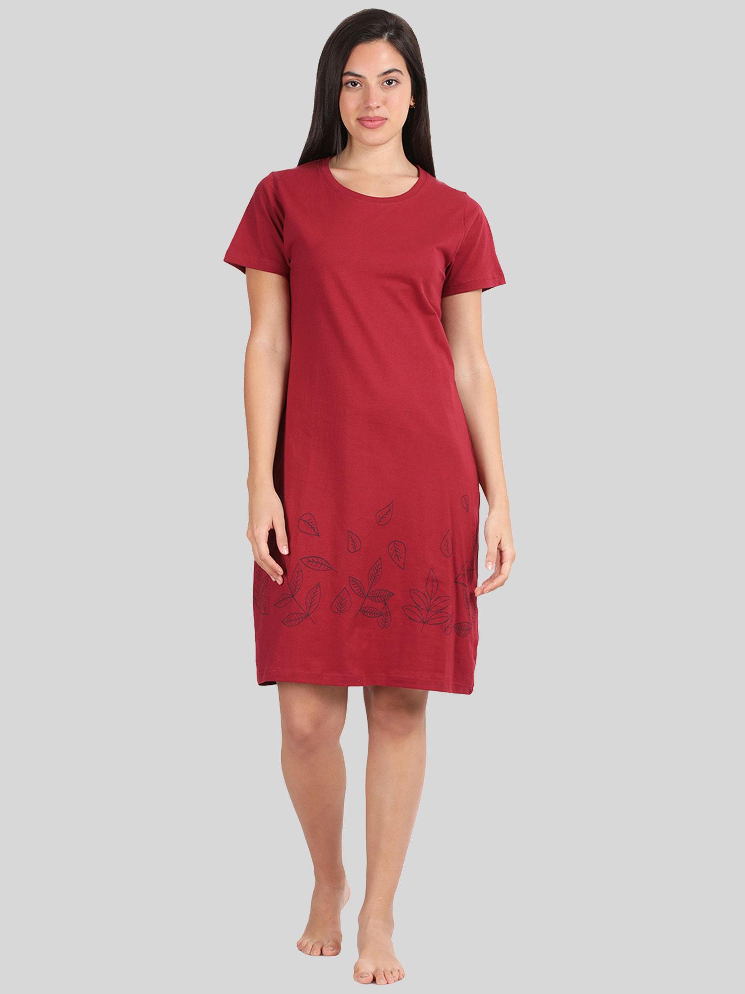 womens maroon printed pure cotton knee length nightdress