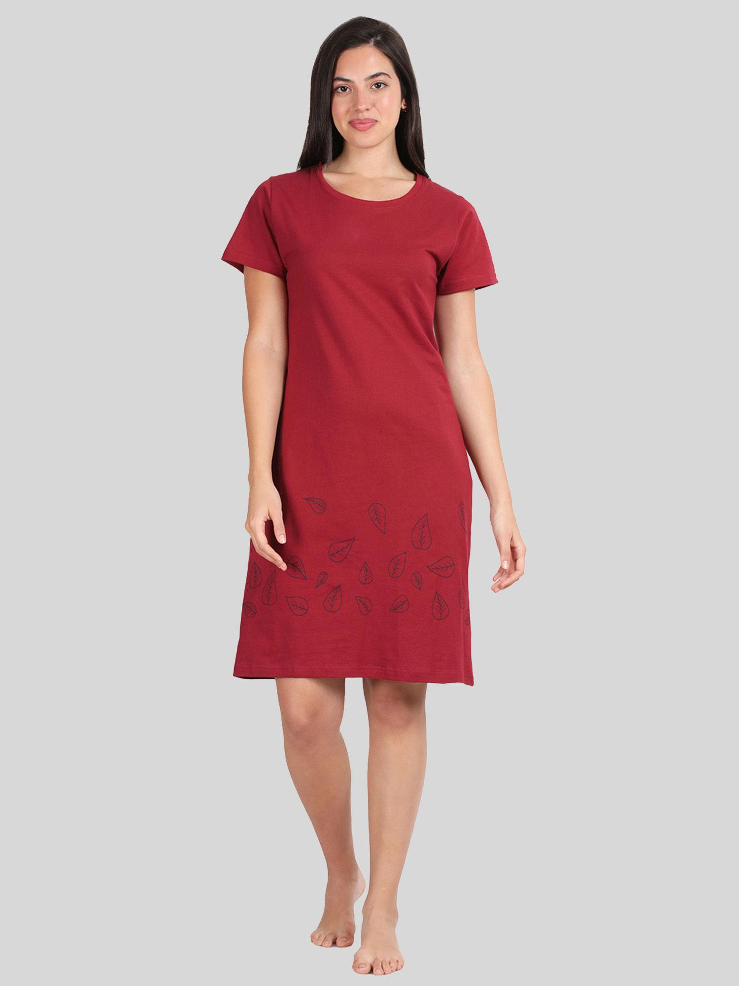 womens maroon printed pure cotton knee length nightdress