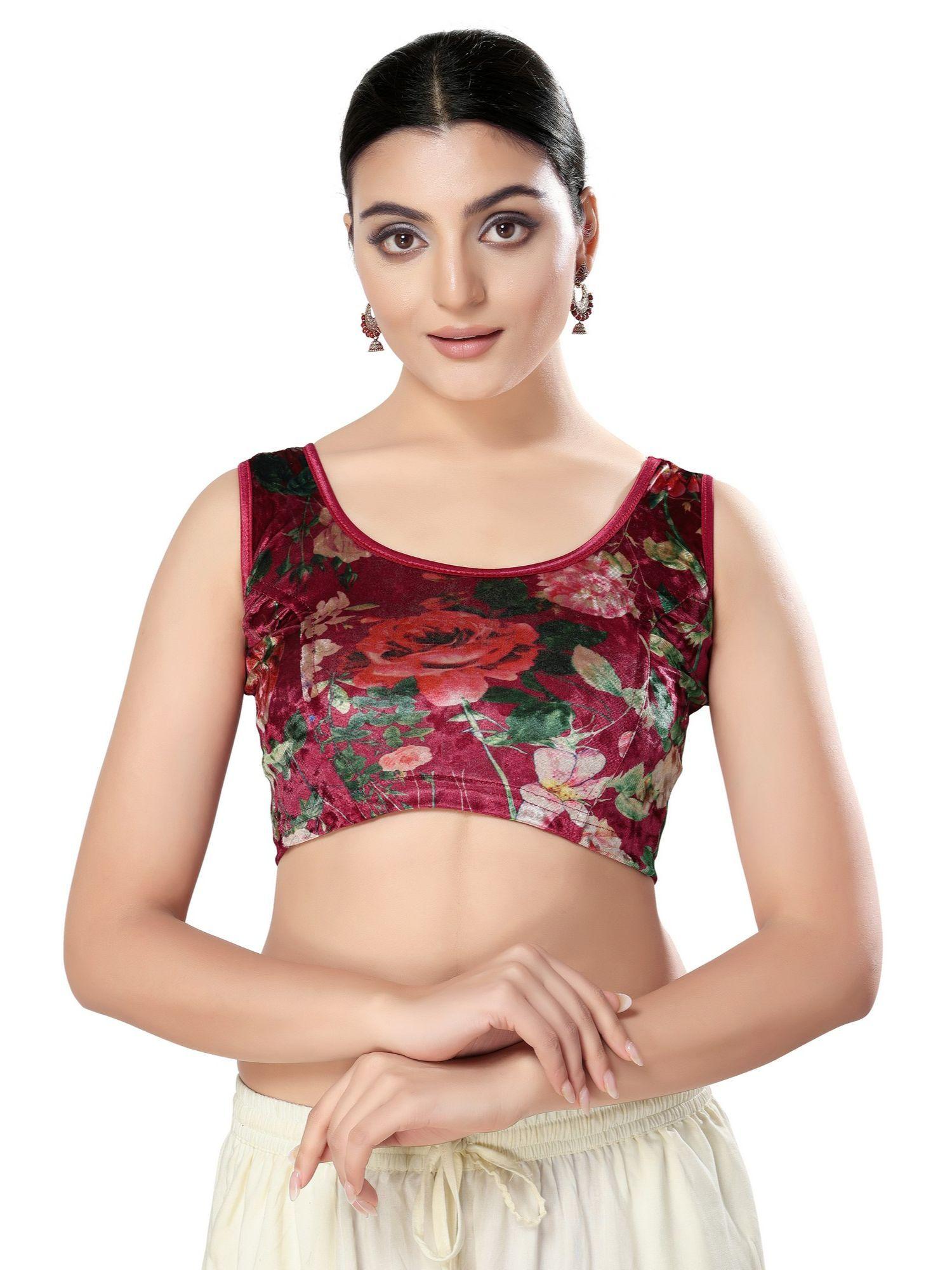womens maroon printed stretchable saree blouse