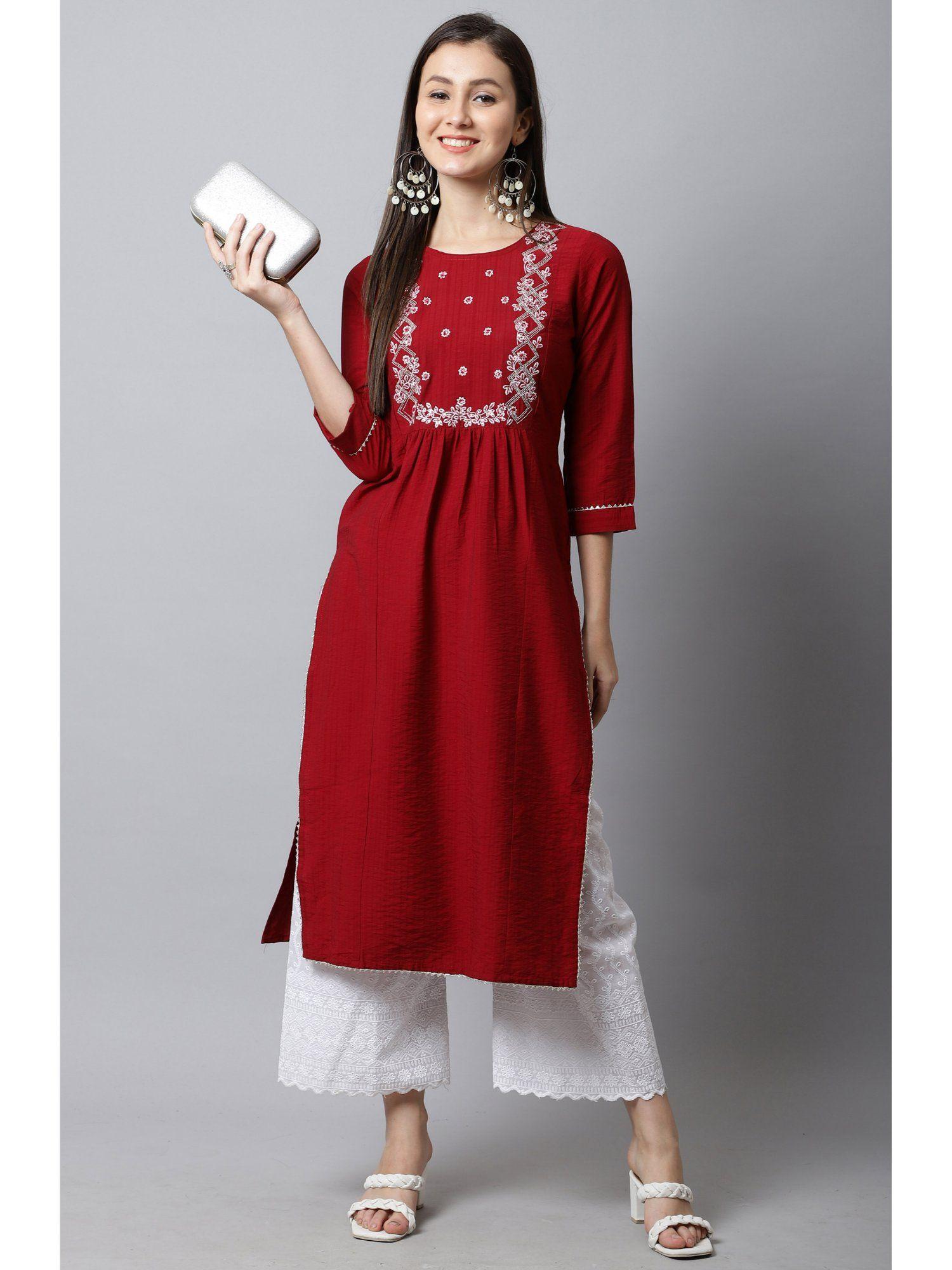 womens maroon pure cotton jaipuri embroidered kurta