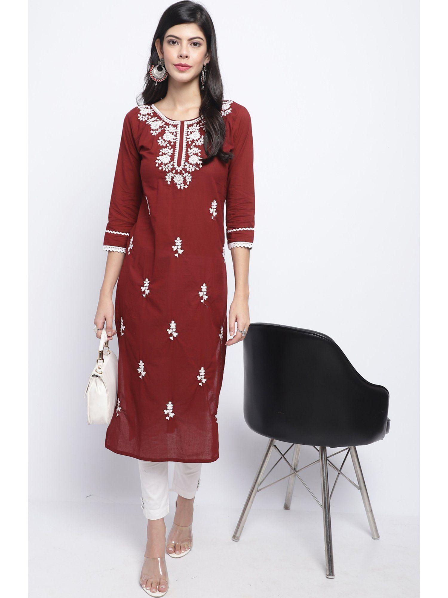 womens maroon pure cotton jaipuri embroidered kurta