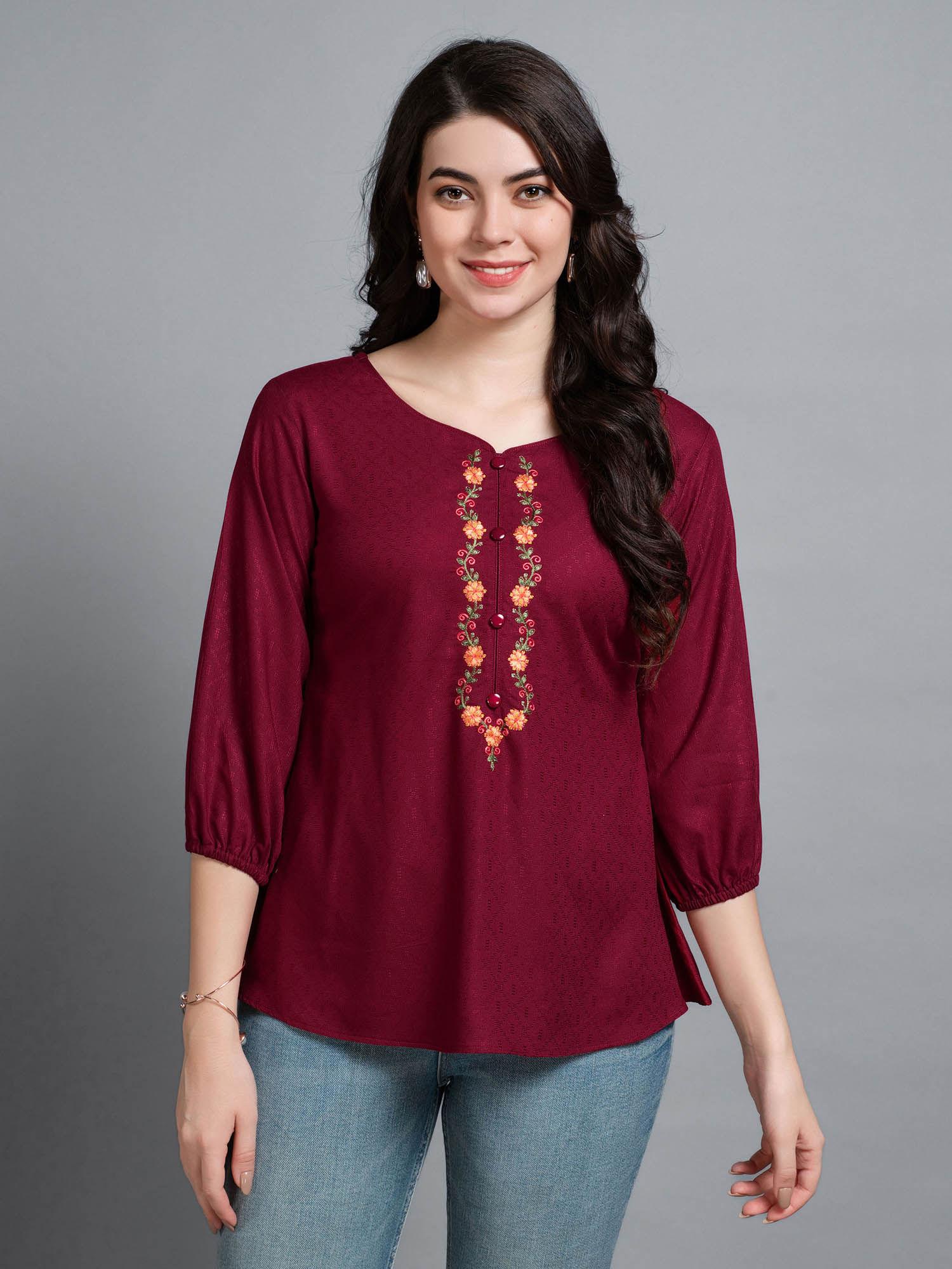 womens maroon pure viscose rayon floral embroidered a-line top