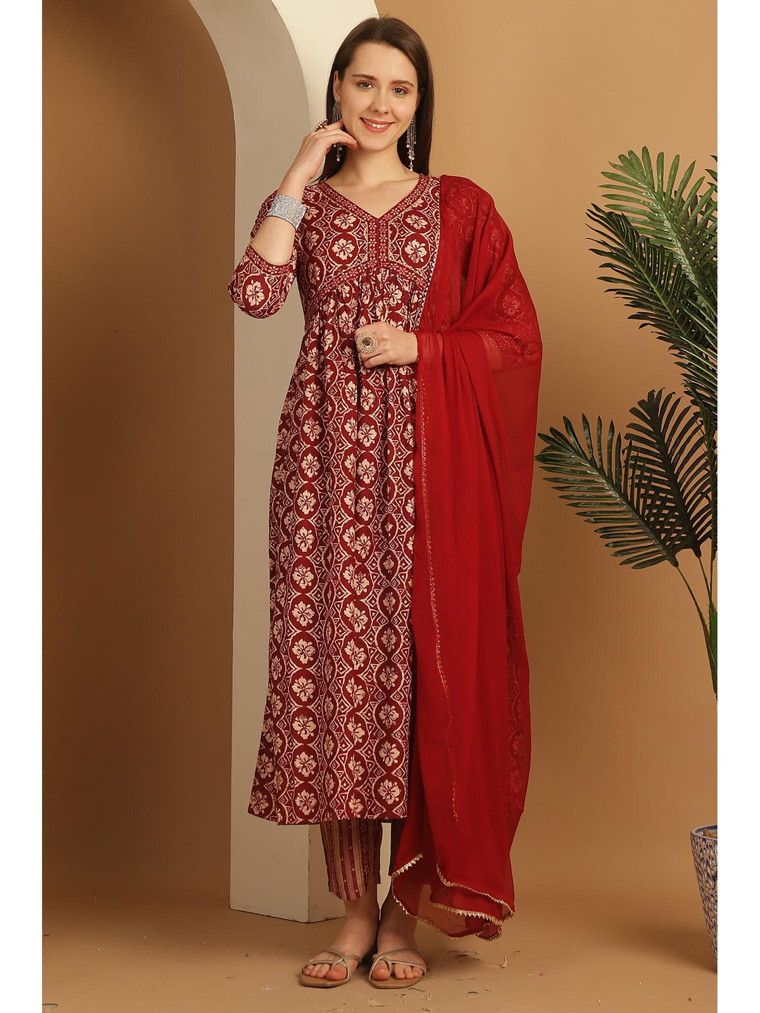 womens maroon rayon foil print kurta pant with dupatta (set of 3)